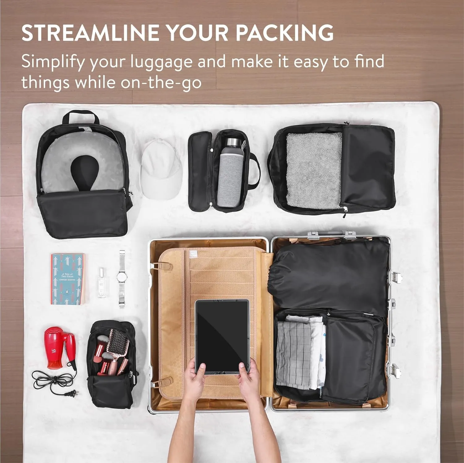 Navaris Compression Packing Cubes Set of 6 - Compressible Travel Bags for Packing Many Sizes - Lightweight Compression Travel Organizer Suitcase Carry On Luggage Backpacks - Black
