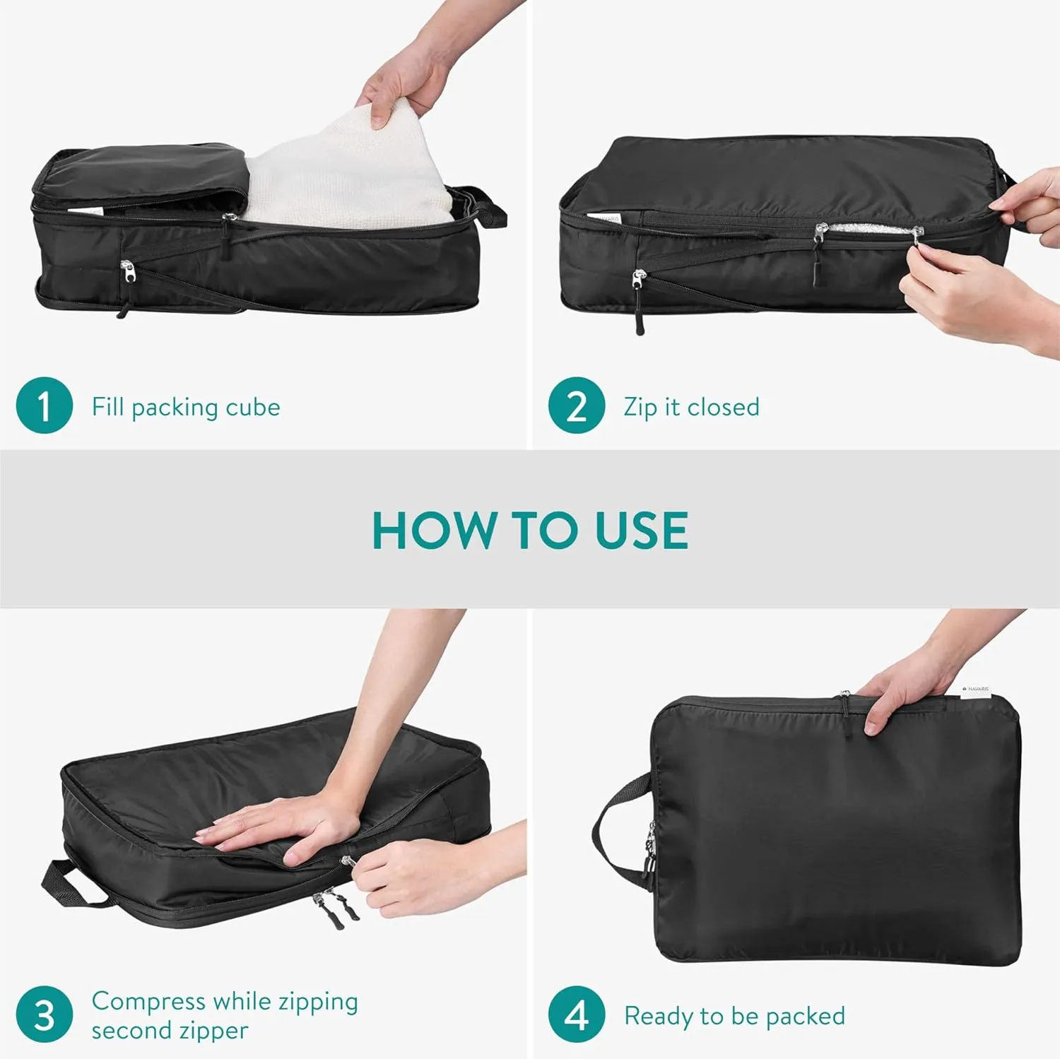 Navaris Compression Packing Cubes Set of 6 - Compressible Travel Bags for Packing Many Sizes - Lightweight Compression Travel Organizer Suitcase Carry On Luggage Backpacks - Black