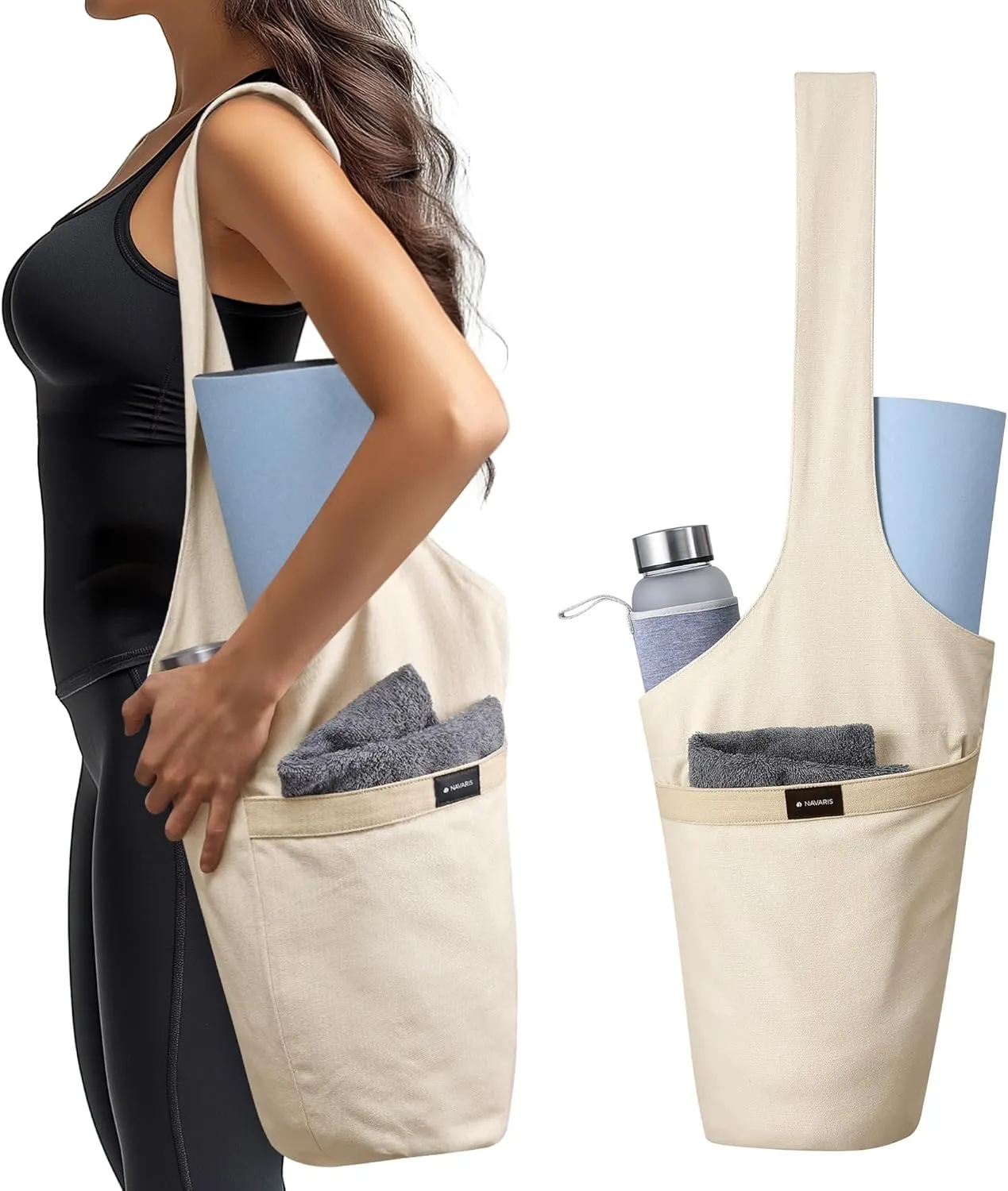 Navaris Yoga Mat Bag - Boho Shoulder Carry Bag with Three Pockets - Storage for Pilates Mats - Lightweight, Durable and Foldable Bag - Perfect for Gym, Shopping and More