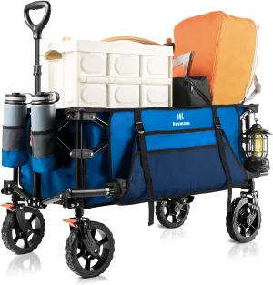 Navatiee 130L Collapsible Foldable Wagon with Wheels, Large Capacity Foldding Wagon Cart with Side Pocket and Brakes, Grocery Shopping Wagon for Garden Outdoor Use, Blue