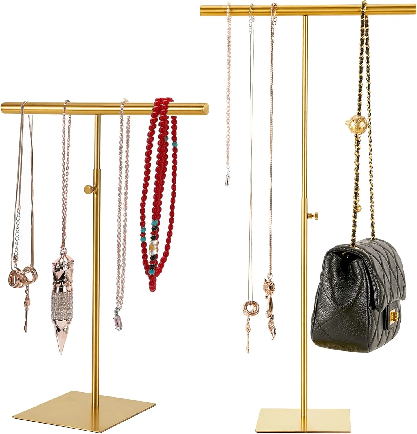 Necklace Display Stand Purse Holder, 2 Pack Stainless Gold Jewelry Holder Stands, Luxury Purse Stands with Double Hook, Adjustable Height T Bar Jewelry Organizer for Vendors Closet