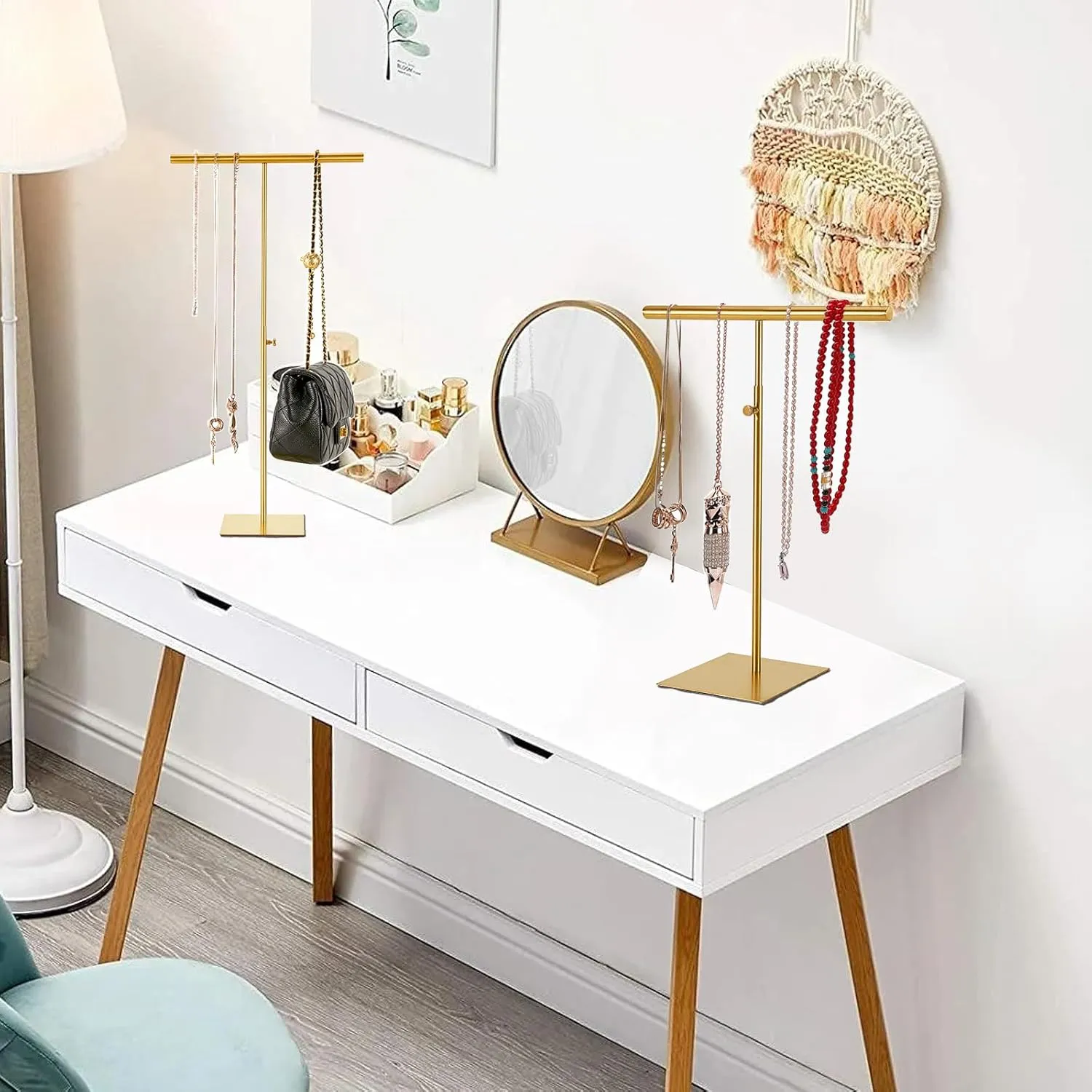 Necklace Display Stand Purse Holder, 2 Pack Stainless Gold Jewelry Holder Stands, Luxury Purse Stands with Double Hook, Adjustable Height T Bar Jewelry Organizer for Vendors Closet