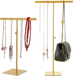 Necklace Display Stand Purse Holder, 2 Pack Stainless Gold Jewelry Holder Stands, Luxury Purse Stands with Double Hook, Adjustable Height T Bar Jewelry Organizer for Vendors Closet