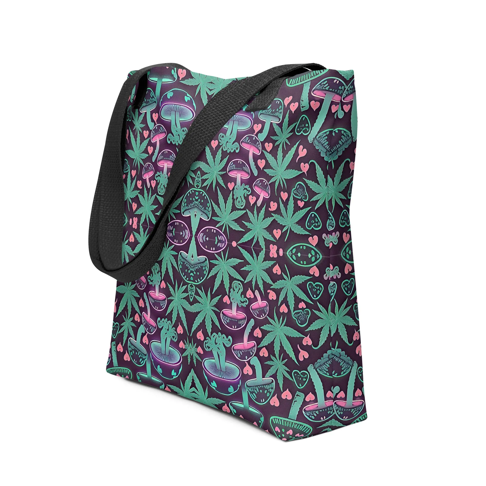Neon Pink & Green 420 Mushroom All Over Print Tote Bag