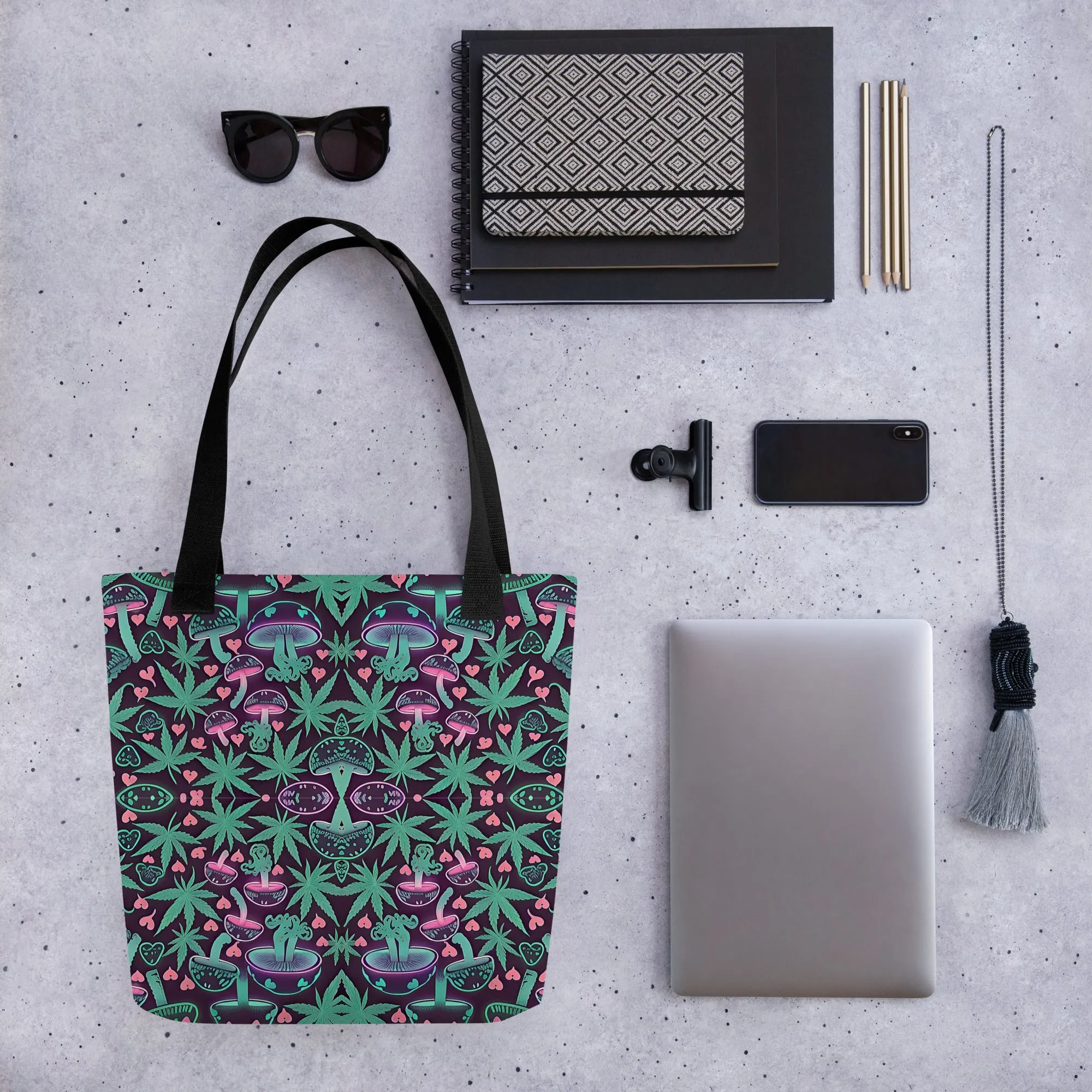 Neon Pink & Green 420 Mushroom All Over Print Tote Bag