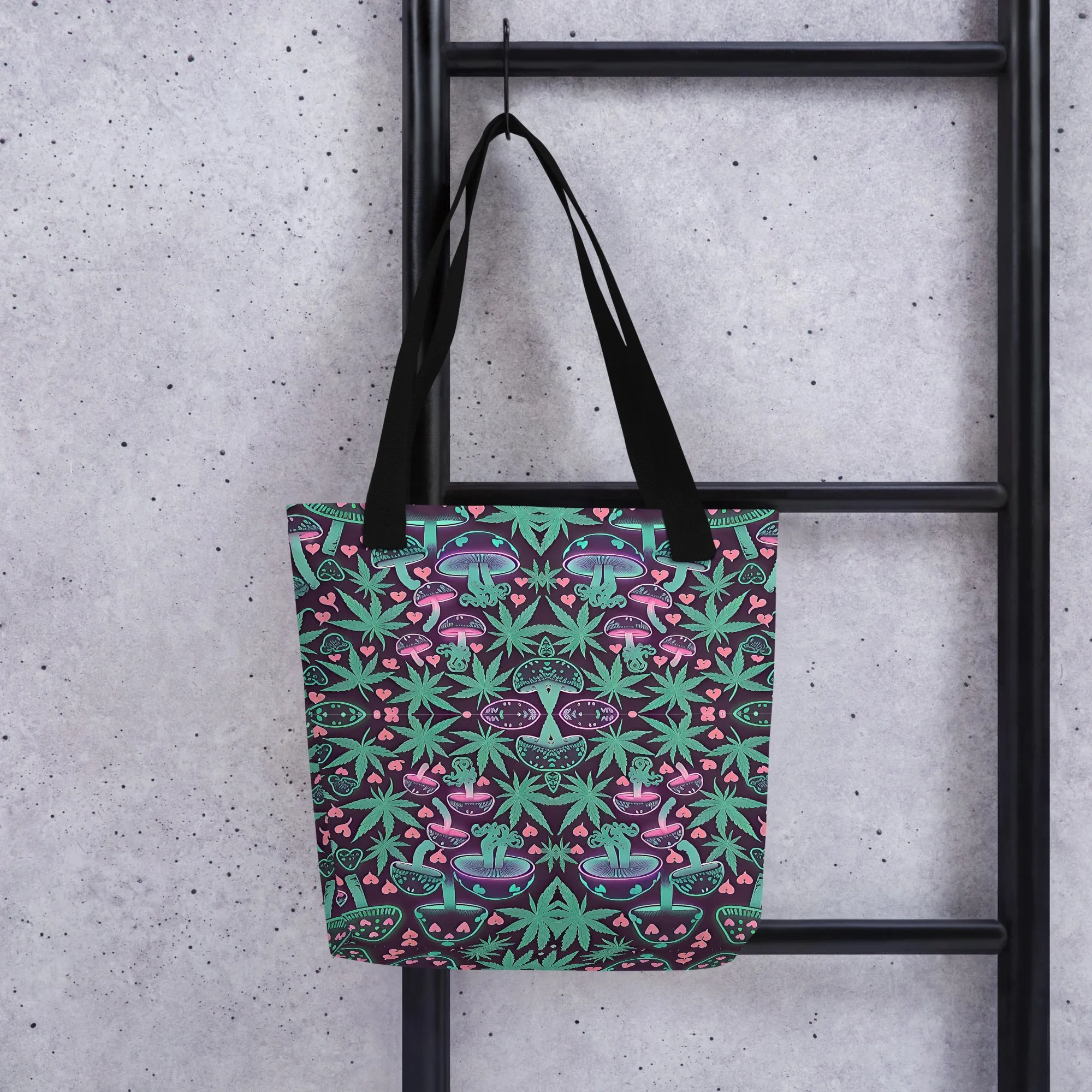 Neon Pink & Green 420 Mushroom All Over Print Tote Bag