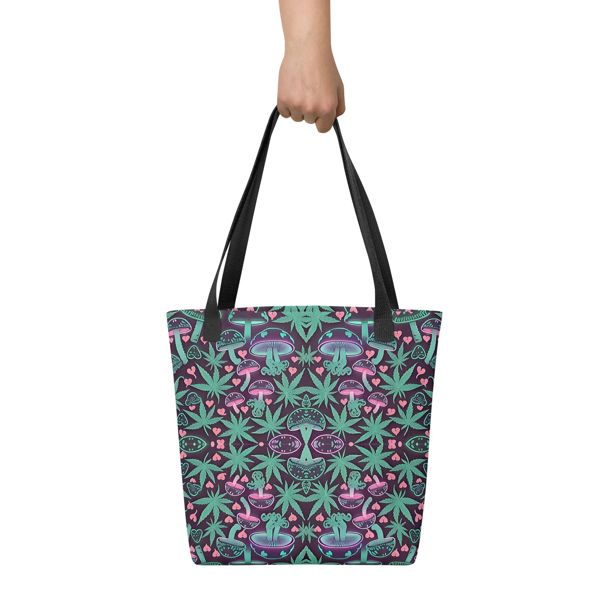 Neon Pink & Green 420 Mushroom All Over Print Tote Bag