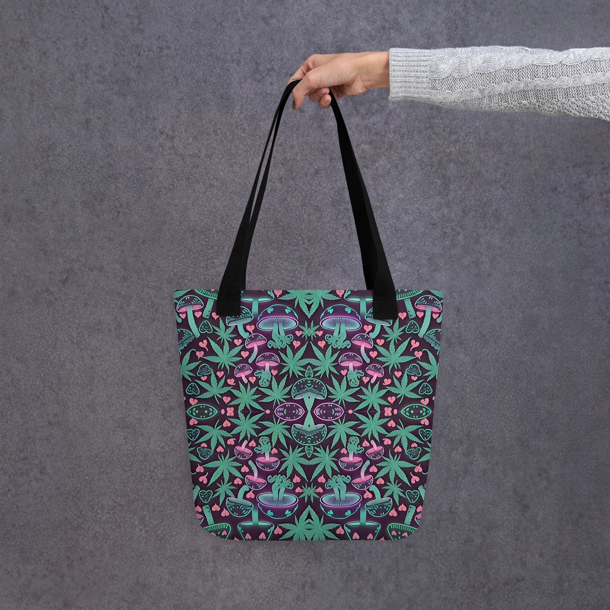 Neon Pink & Green 420 Mushroom All Over Print Tote Bag