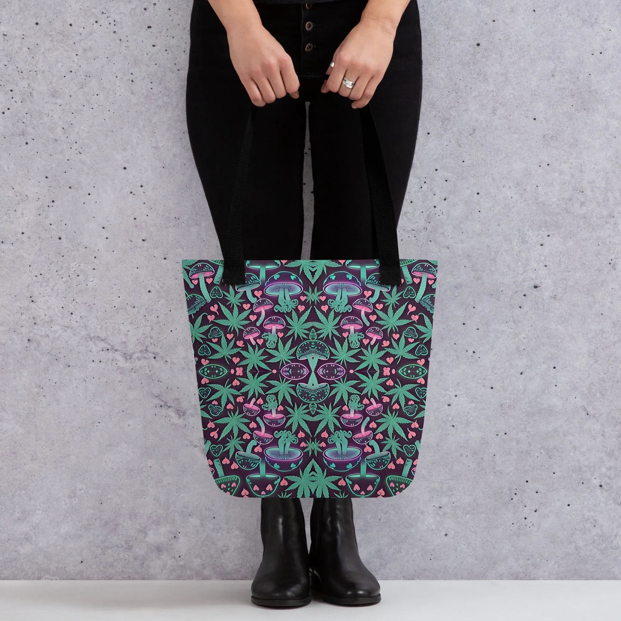 Neon Pink & Green 420 Mushroom All Over Print Tote Bag