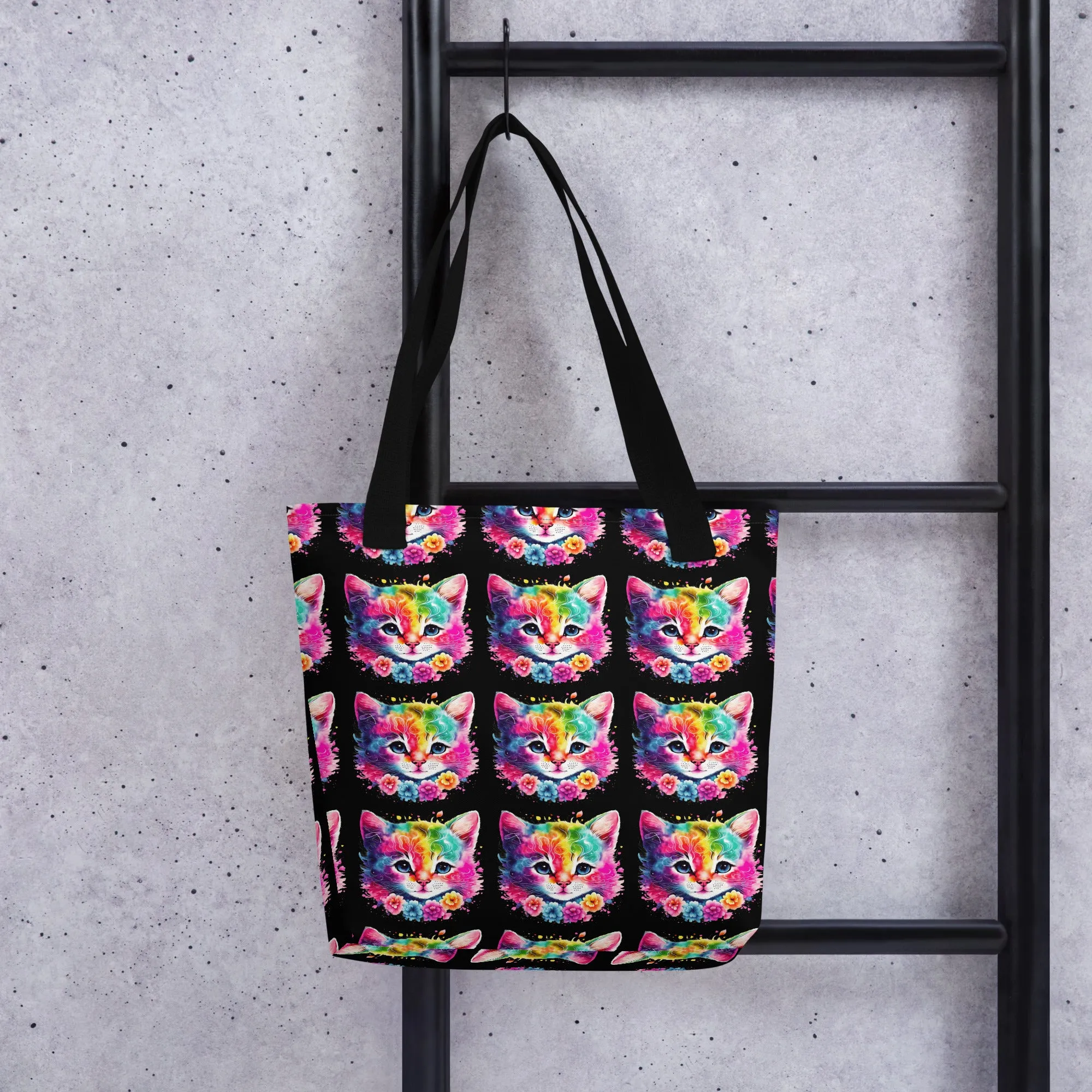 Neon Rainbow Cat All Over Print Tote Bag