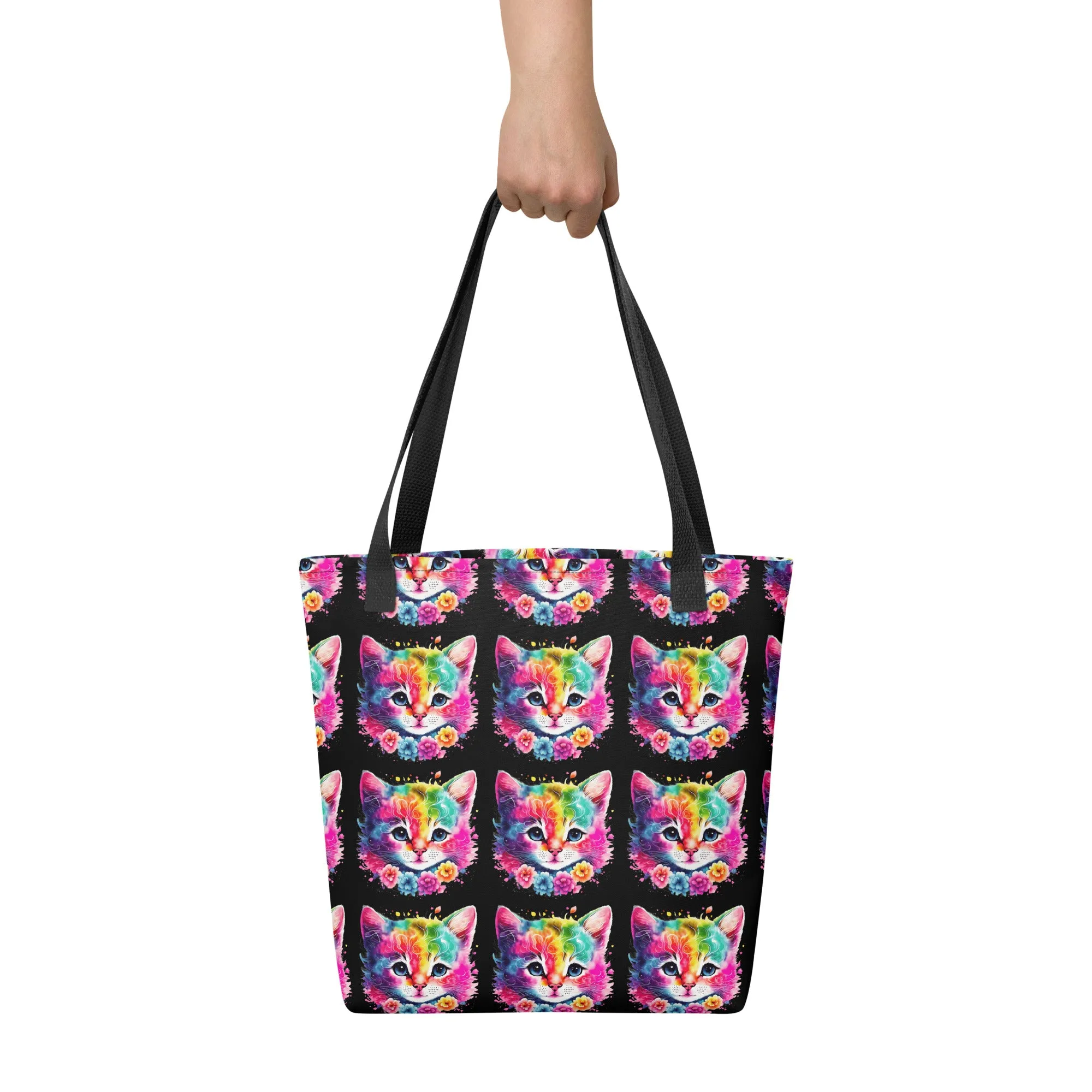 Neon Rainbow Cat All Over Print Tote Bag