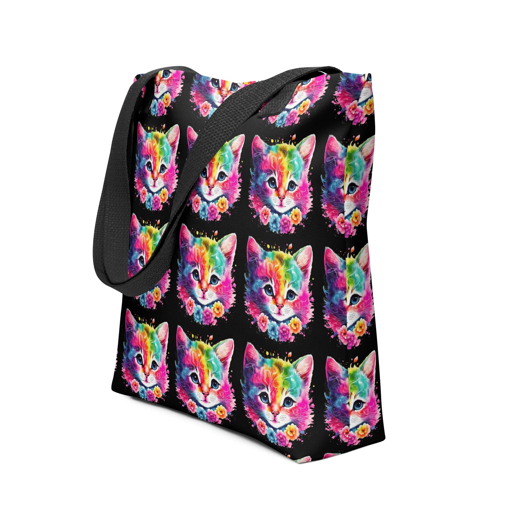 Neon Rainbow Cat All Over Print Tote Bag