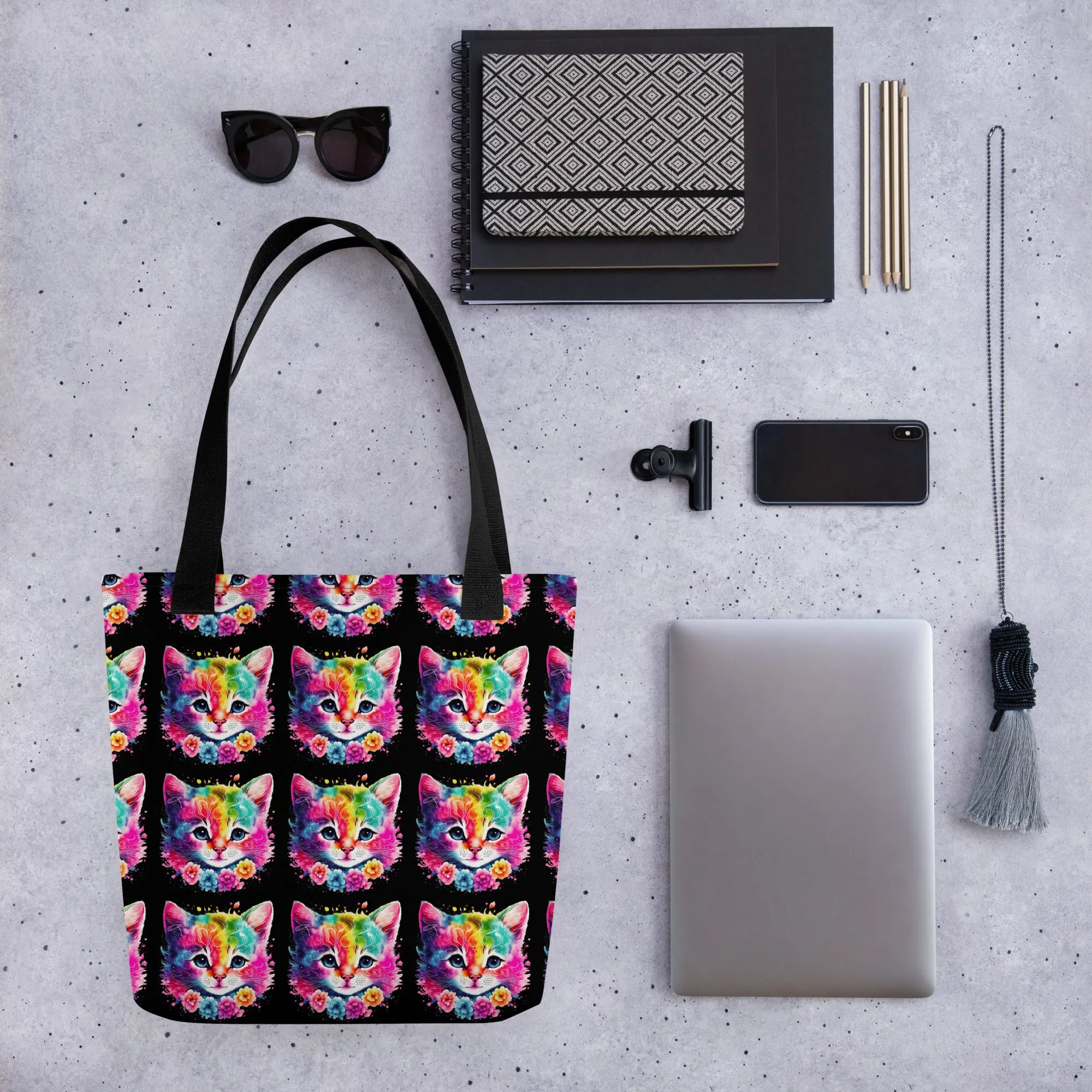 Neon Rainbow Cat All Over Print Tote Bag