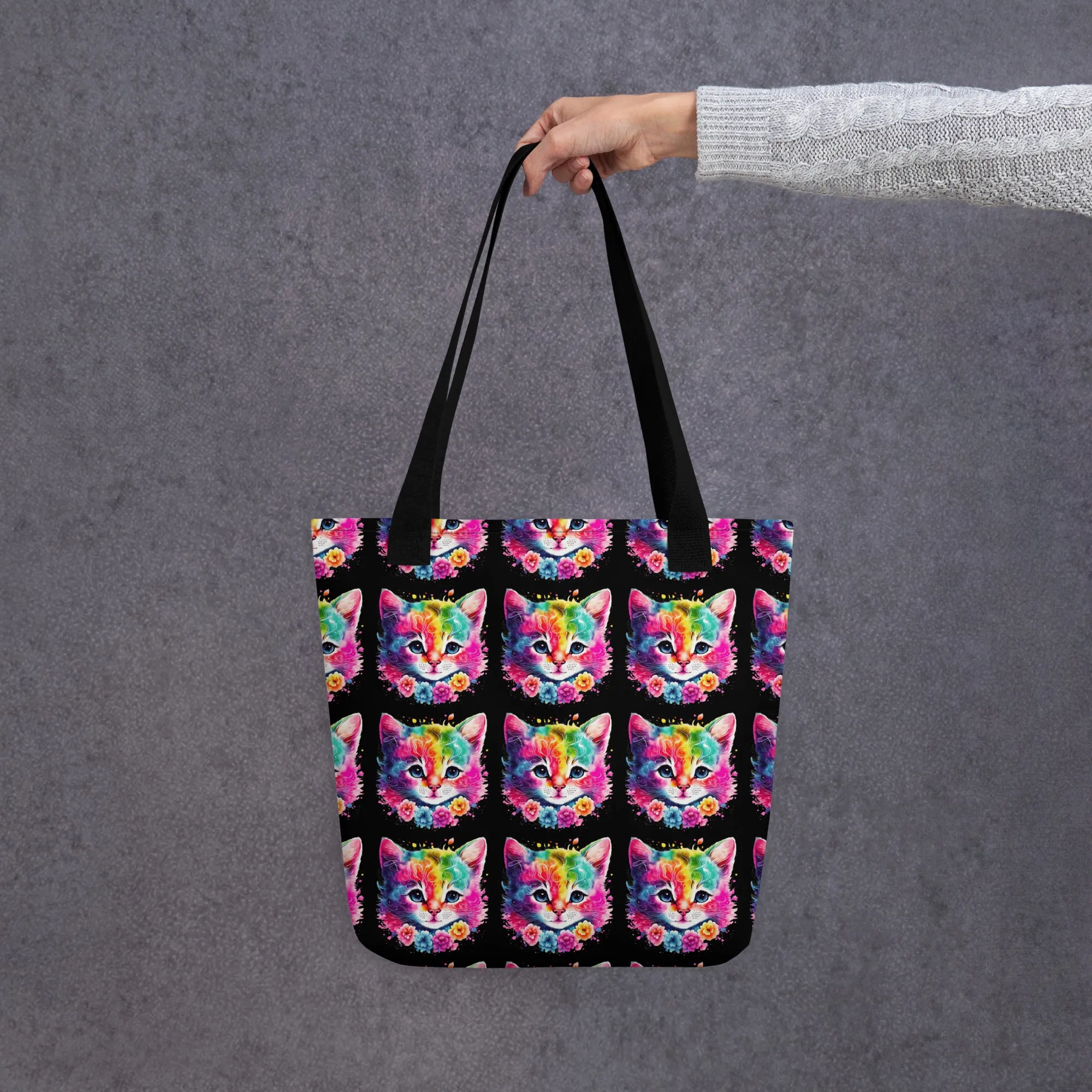 Neon Rainbow Cat All Over Print Tote Bag