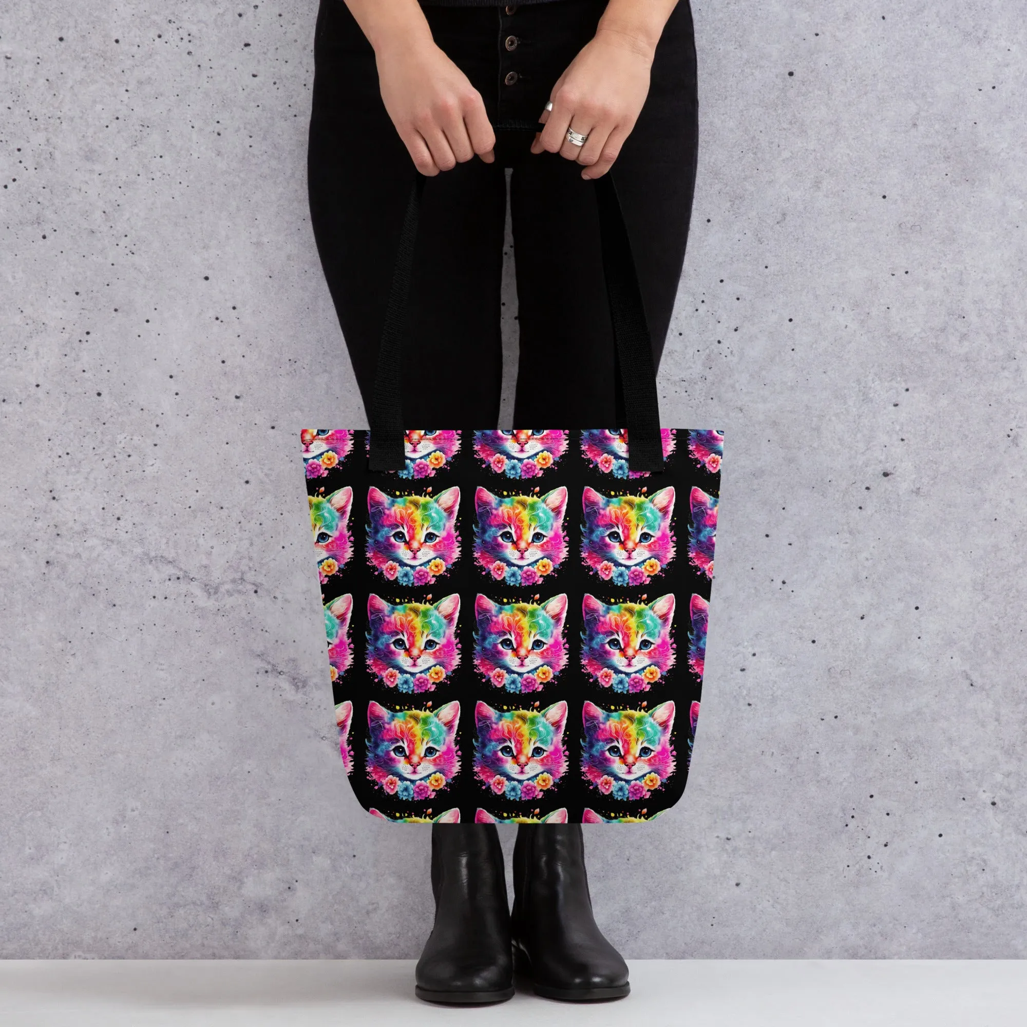 Neon Rainbow Cat All Over Print Tote Bag