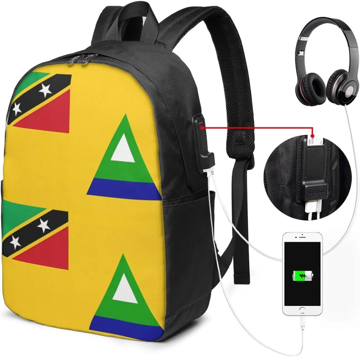 Nevis St. Kitts Flag Laptop Backpacks Travel Backpack Casual Business Daypack Sport Rucksack Computer Bag Fits up to 17 Inch Notebook with USB Port