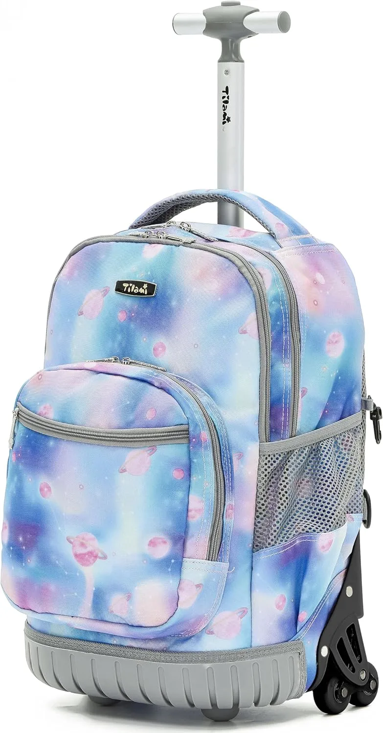 NEW TILAMI Roller Backpacks for Girls, Adjustable Laptop Rolling Backpack with Wheels for Girls to School Travel Camping Boys Rolling Backpack Purple Star 18 Inches