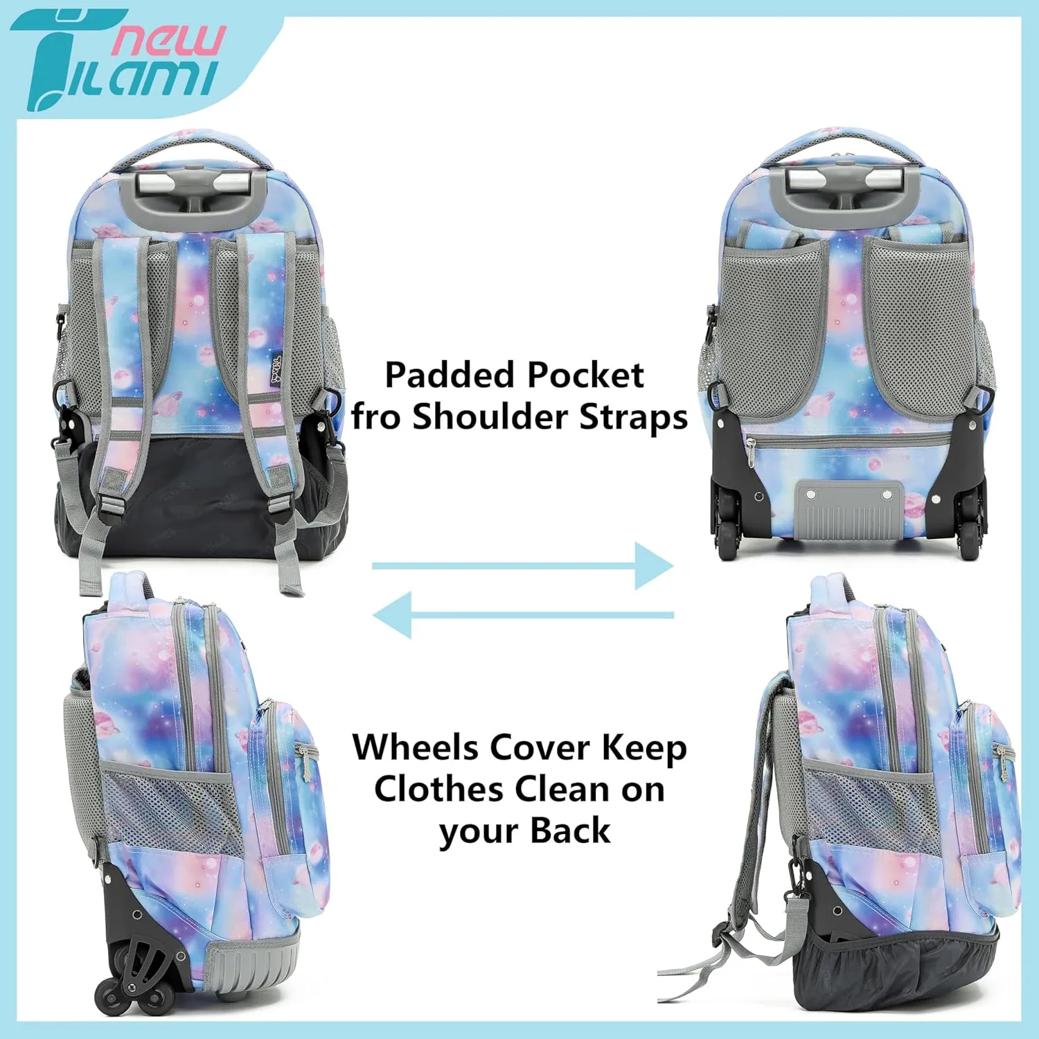 NEW TILAMI Roller Backpacks for Girls, Adjustable Laptop Rolling Backpack with Wheels for Girls to School Travel Camping Boys Rolling Backpack Purple Star 18 Inches