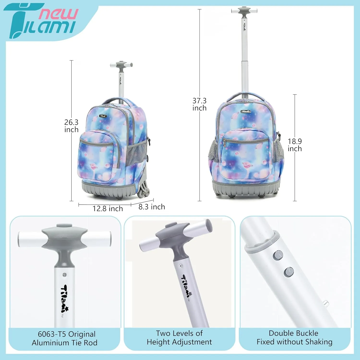 NEW TILAMI Roller Backpacks for Girls, Adjustable Laptop Rolling Backpack with Wheels for Girls to School Travel Camping Boys Rolling Backpack Purple Star 18 Inches