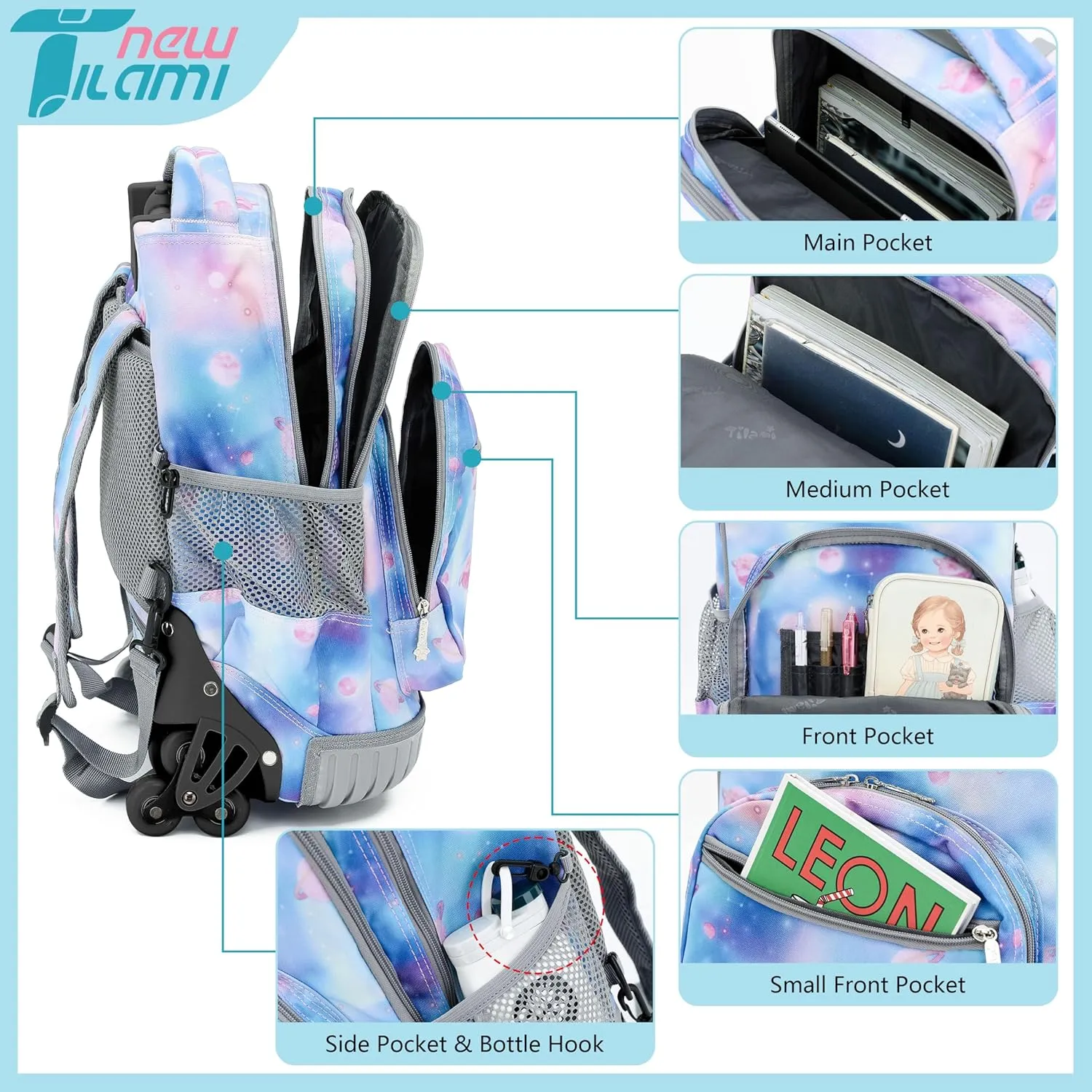 NEW TILAMI Roller Backpacks for Girls, Adjustable Laptop Rolling Backpack with Wheels for Girls to School Travel Camping Boys Rolling Backpack Purple Star 18 Inches