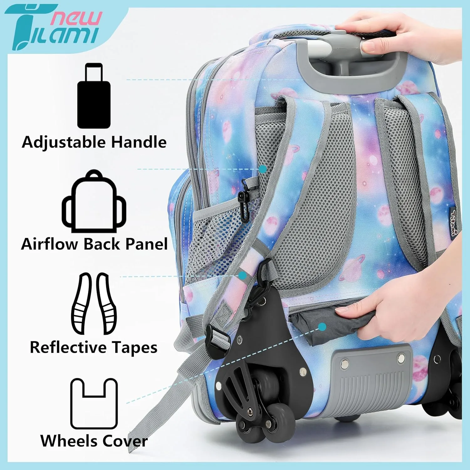 NEW TILAMI Roller Backpacks for Girls, Adjustable Laptop Rolling Backpack with Wheels for Girls to School Travel Camping Boys Rolling Backpack Purple Star 18 Inches