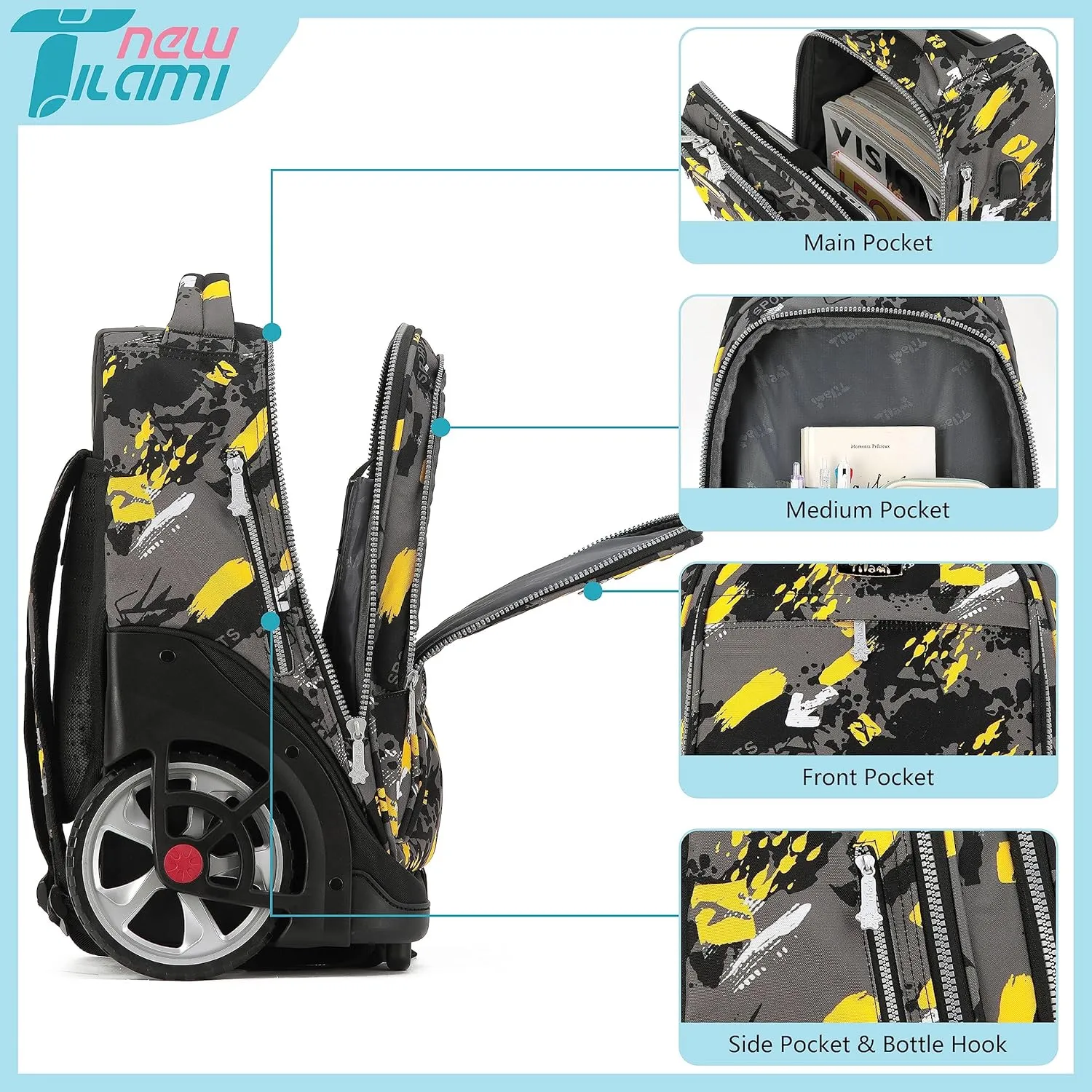 NEW TILAMI Rolling Backpack 19 inch with Lunch Bag Wheeled Laptop Backpack Ideal for School and Travel for Girls and Boys, Doodle Yellow