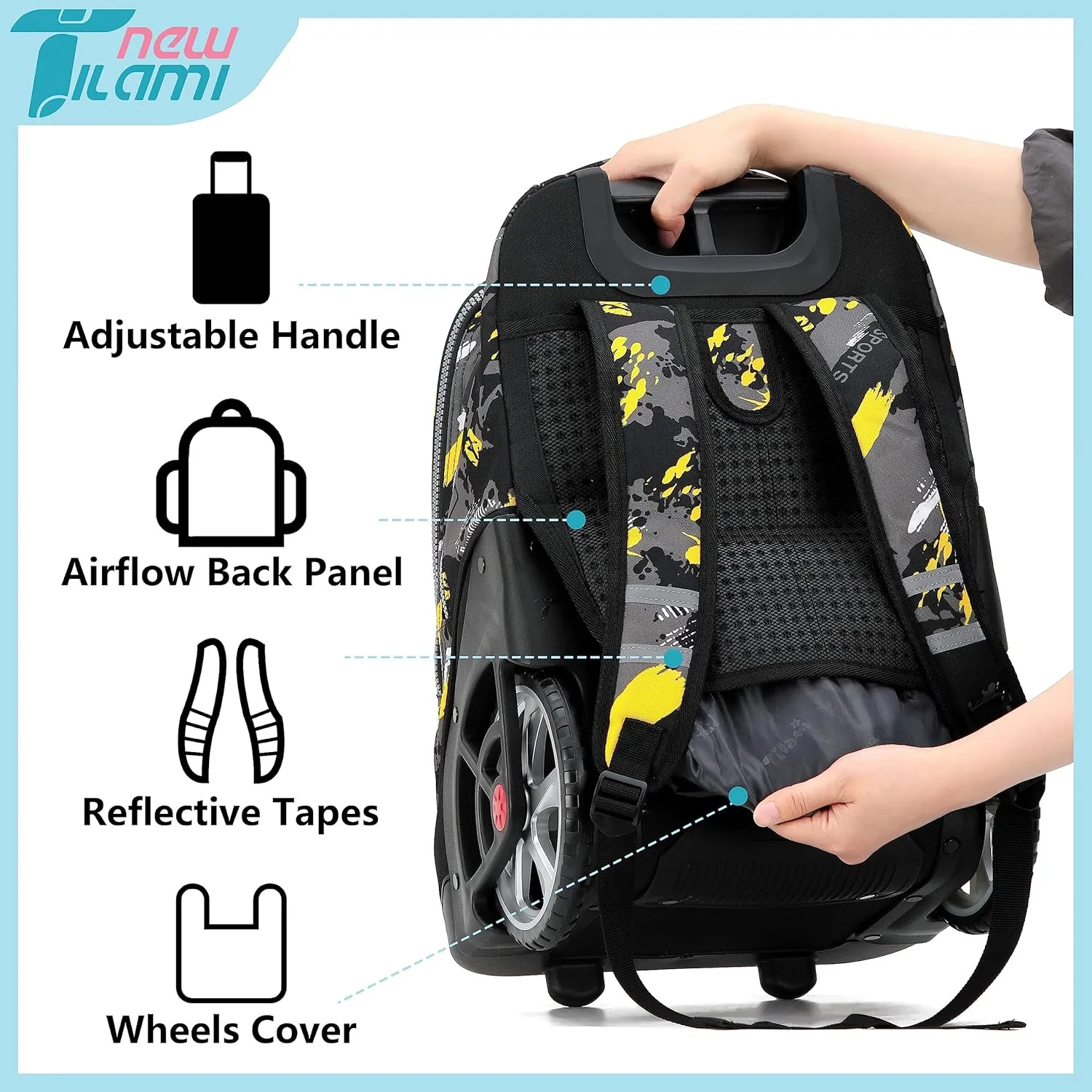 NEW TILAMI Rolling Backpack 19 inch with Lunch Bag Wheeled Laptop Backpack Ideal for School and Travel for Girls and Boys, Doodle Yellow
