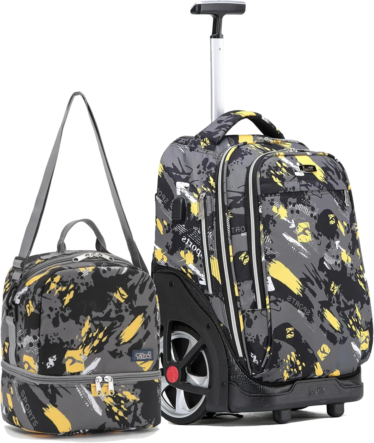 NEW TILAMI Rolling Backpack 19 inch with Lunch Bag Wheeled Laptop Backpack Ideal for School and Travel for Girls and Boys, Doodle Yellow