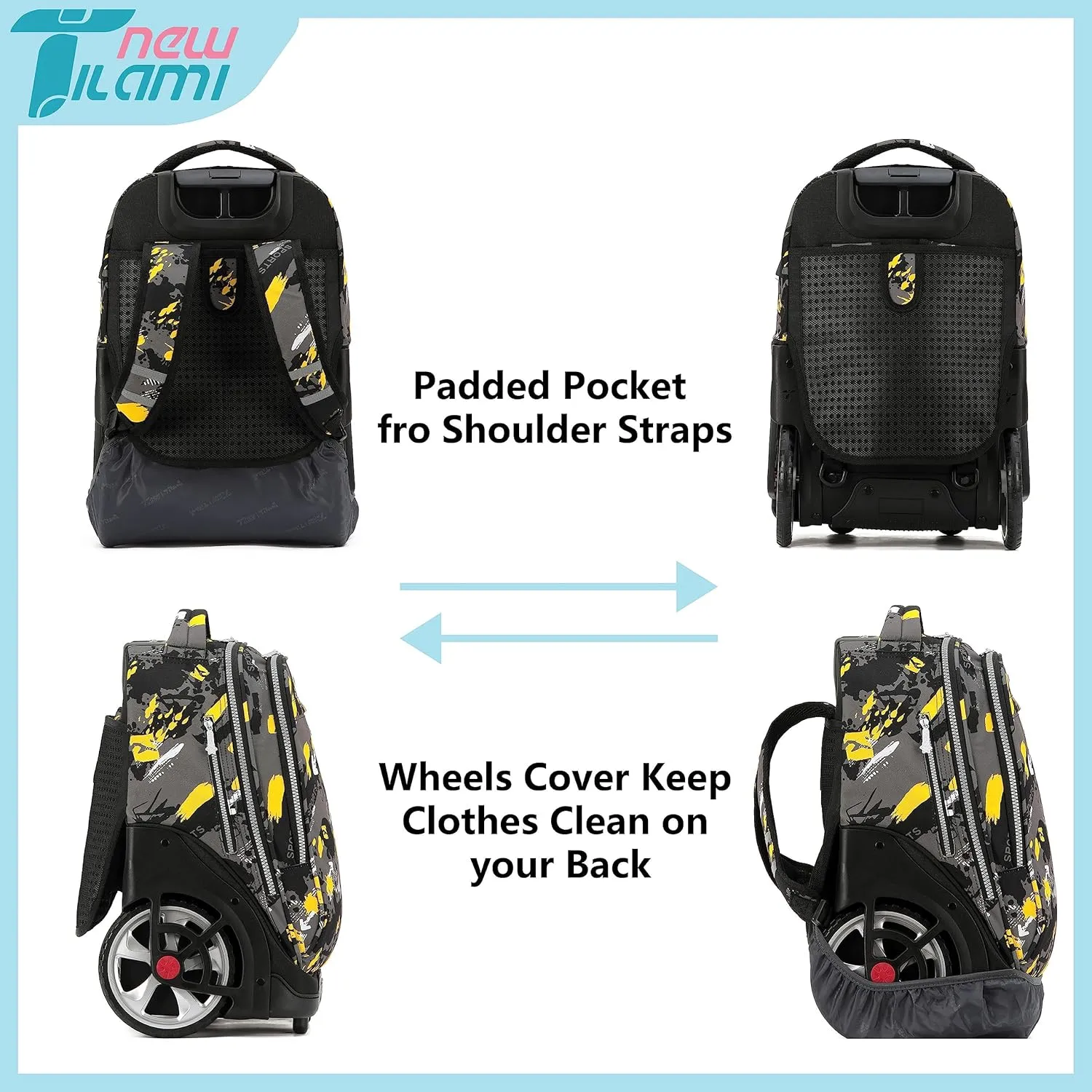 NEW TILAMI Rolling Backpack 19 inch with Lunch Bag Wheeled Laptop Backpack Ideal for School and Travel for Girls and Boys, Doodle Yellow