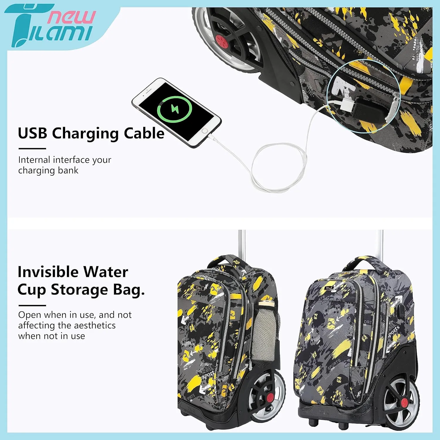 NEW TILAMI Rolling Backpack 19 inch with Lunch Bag Wheeled Laptop Backpack Ideal for School and Travel for Girls and Boys, Doodle Yellow