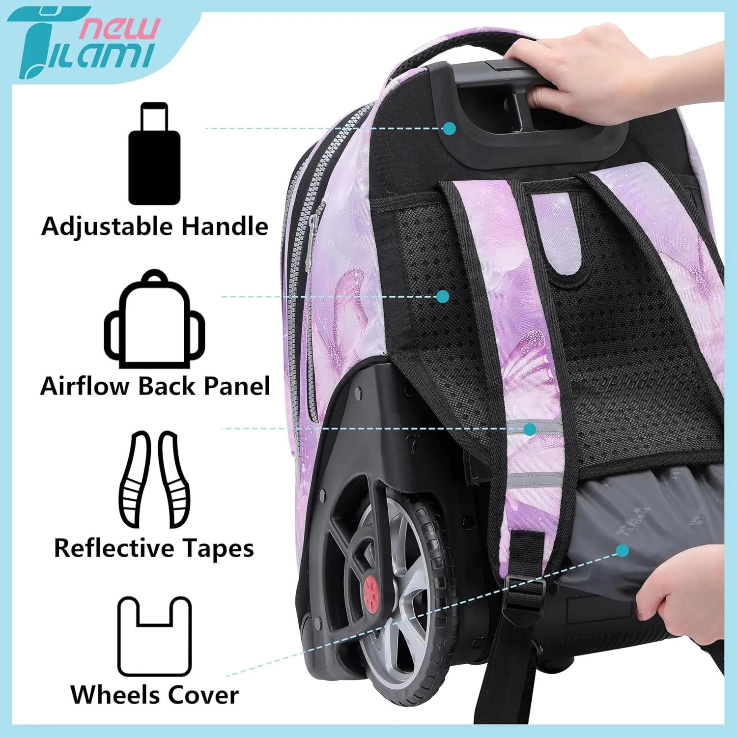NEW TILAMI Rolling Backpack 19 inch with Lunch Bag Wheeled Laptop Backpack Ideal for School and Travel for Girls and Boys, Evening Butterfly (No USB interface)