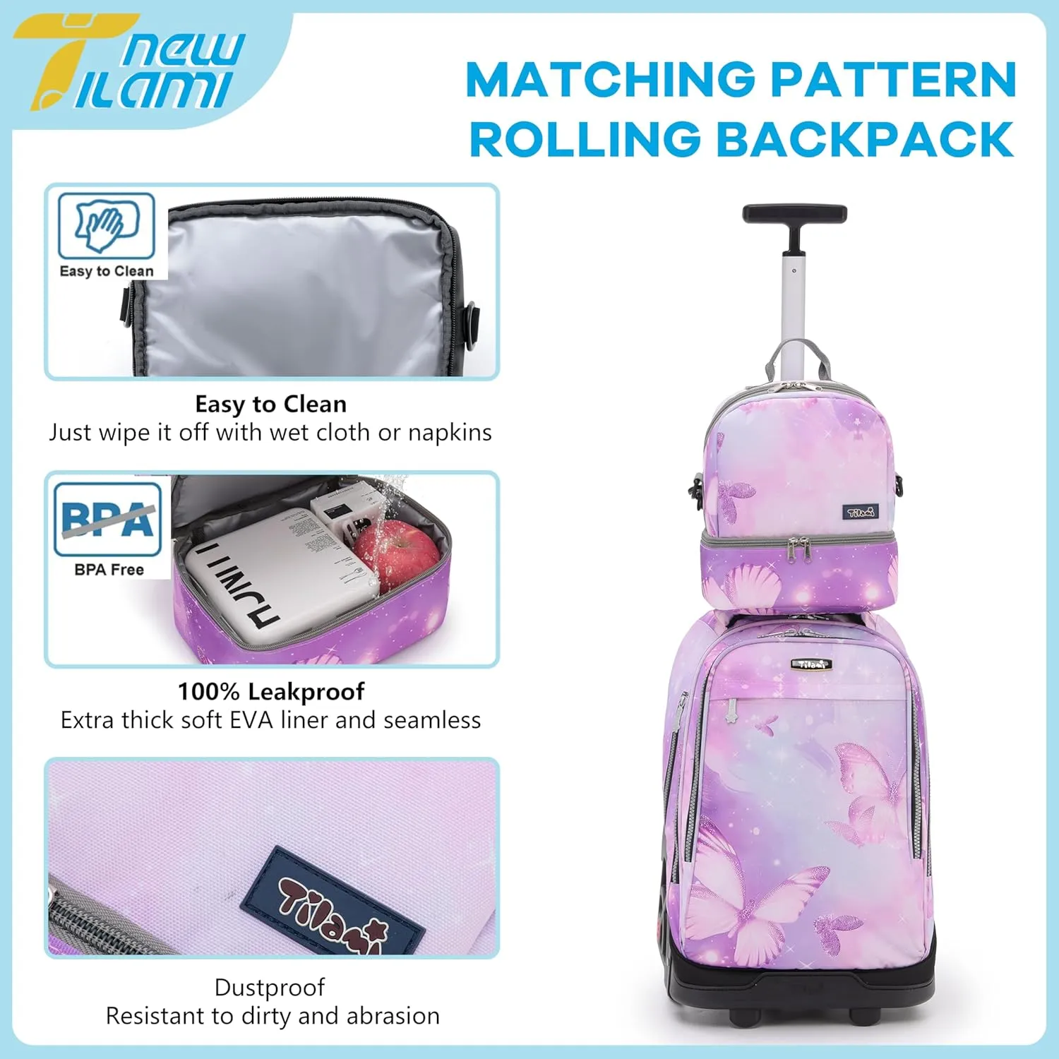 NEW TILAMI Rolling Backpack 19 inch with Lunch Bag Wheeled Laptop Backpack Ideal for School and Travel for Girls and Boys, Evening Butterfly (No USB interface)