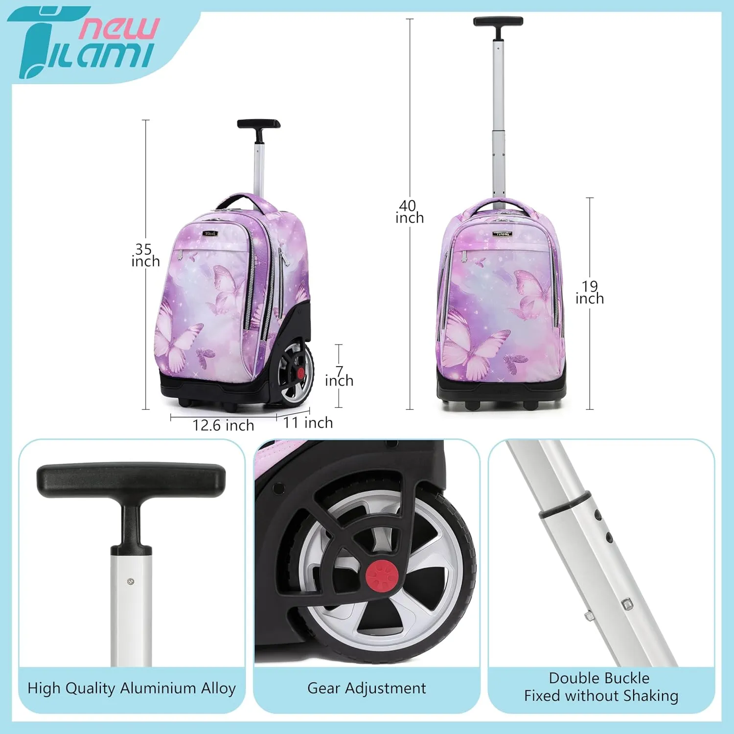 NEW TILAMI Rolling Backpack 19 inch with Lunch Bag Wheeled Laptop Backpack Ideal for School and Travel for Girls and Boys, Evening Butterfly (No USB interface)