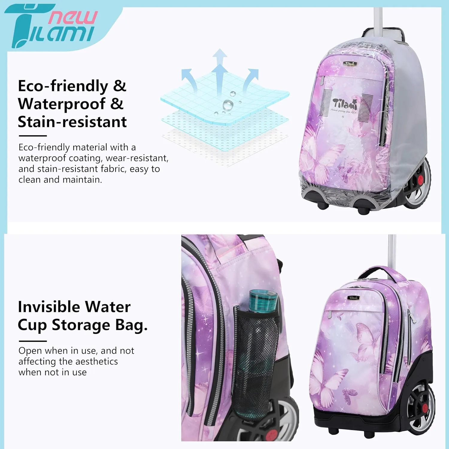 NEW TILAMI Rolling Backpack 19 inch with Lunch Bag Wheeled Laptop Backpack Ideal for School and Travel for Girls and Boys, Evening Butterfly (No USB interface)