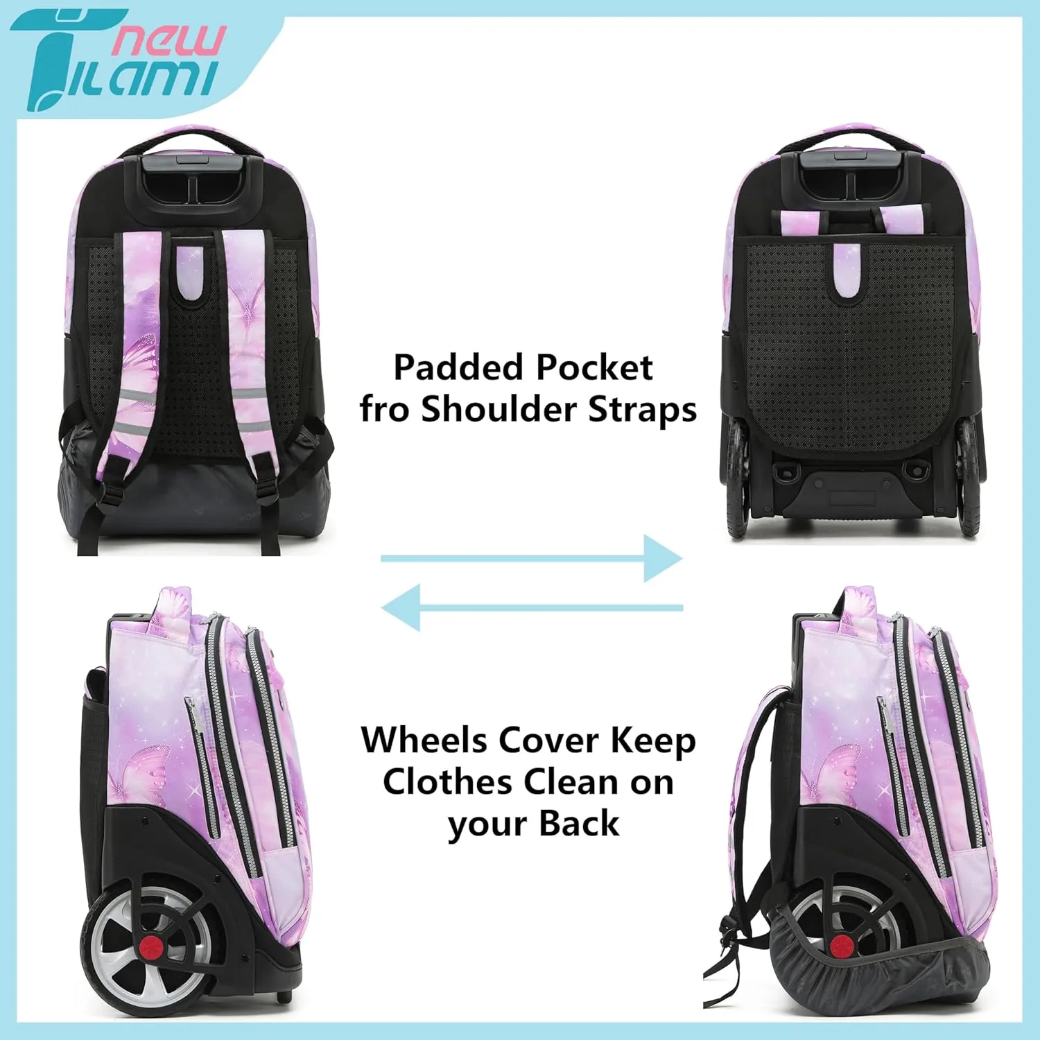 NEW TILAMI Rolling Backpack 19 inch with Lunch Bag Wheeled Laptop Backpack Ideal for School and Travel for Girls and Boys, Evening Butterfly (No USB interface)
