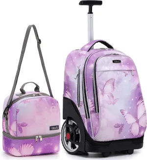 NEW TILAMI Rolling Backpack 19 inch with Lunch Bag Wheeled Laptop Backpack Ideal for School and Travel for Girls and Boys, Evening Butterfly (No USB interface)