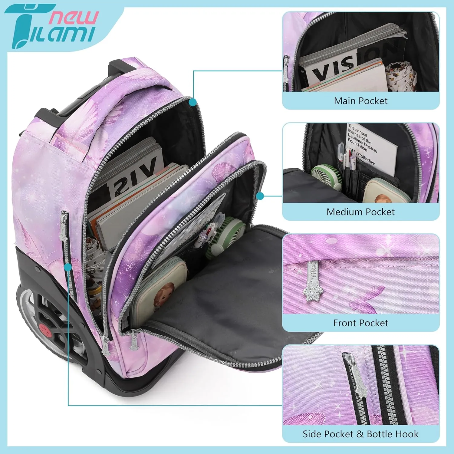 NEW TILAMI Rolling Backpack 19 inch with Lunch Bag Wheeled Laptop Backpack Ideal for School and Travel for Girls and Boys, Evening Butterfly (No USB interface)