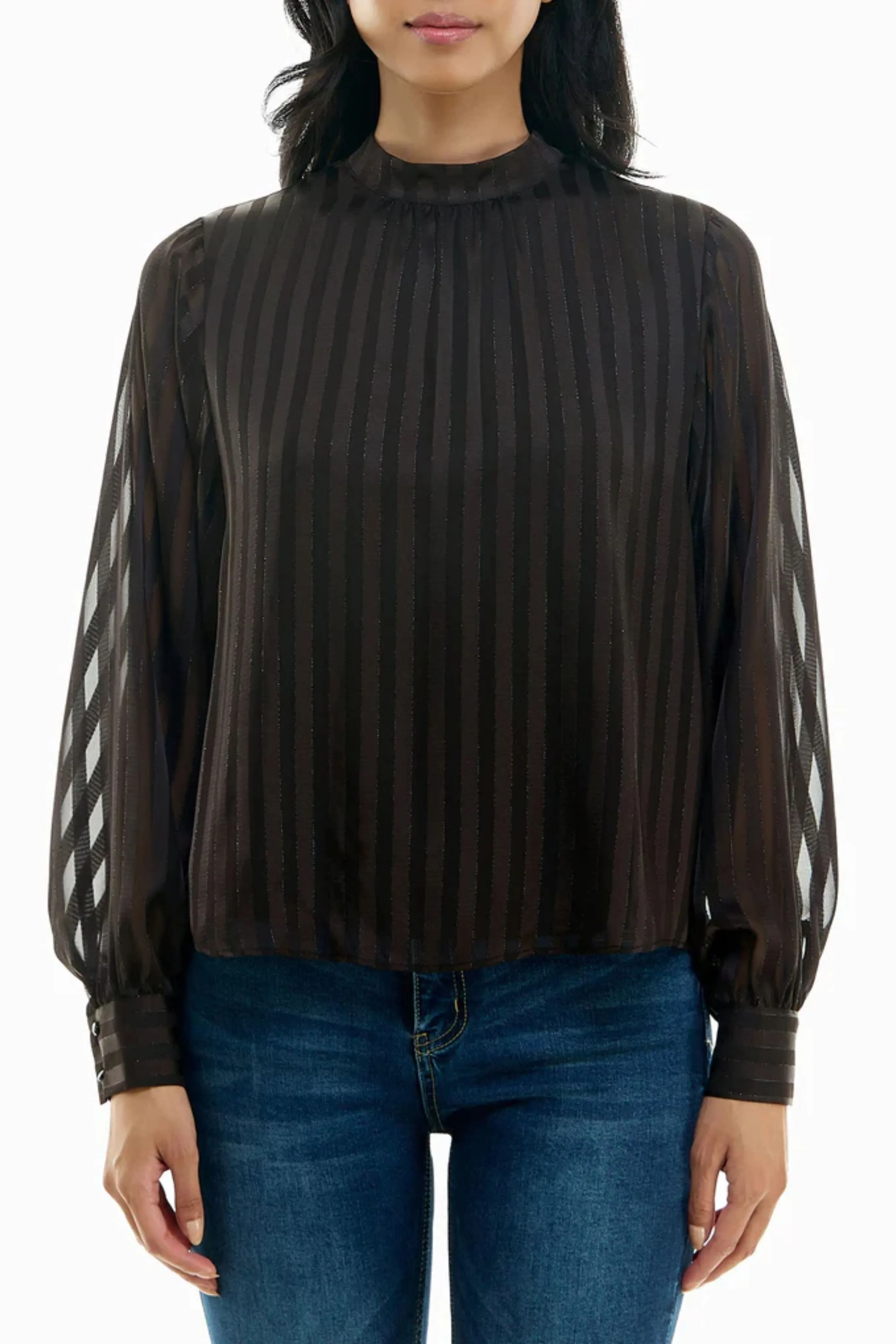 Nicole Miller Mock Neck Long Sleeve Striped Top