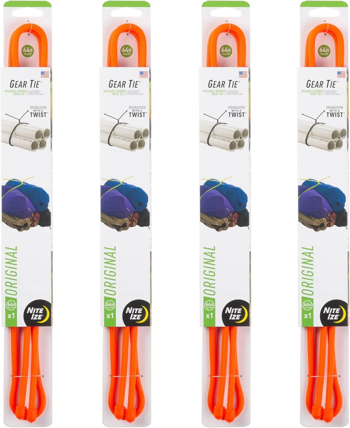 Nite Ize Gear Tie Reusable Rubber Twist Tie - Bendable Rubber Ties for Indoor & Outdoor Use - Reusable Multipurpose Twist Ties for Organizing & More - 64", Bright Orange (4 Pack)