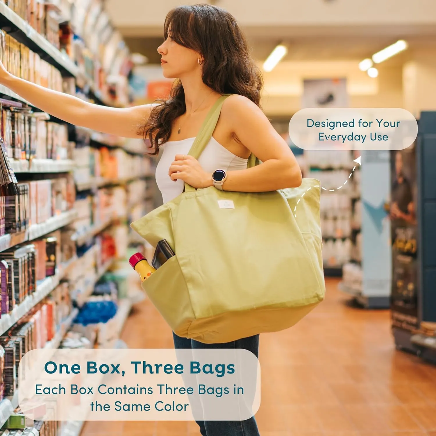 Nook Theory 3 Pcs Reusable Grocery Bags - Heavy Duty Canvas Bags, Large Reusable Shopping Bag, Picnic, 100% Cotton (Khaki)