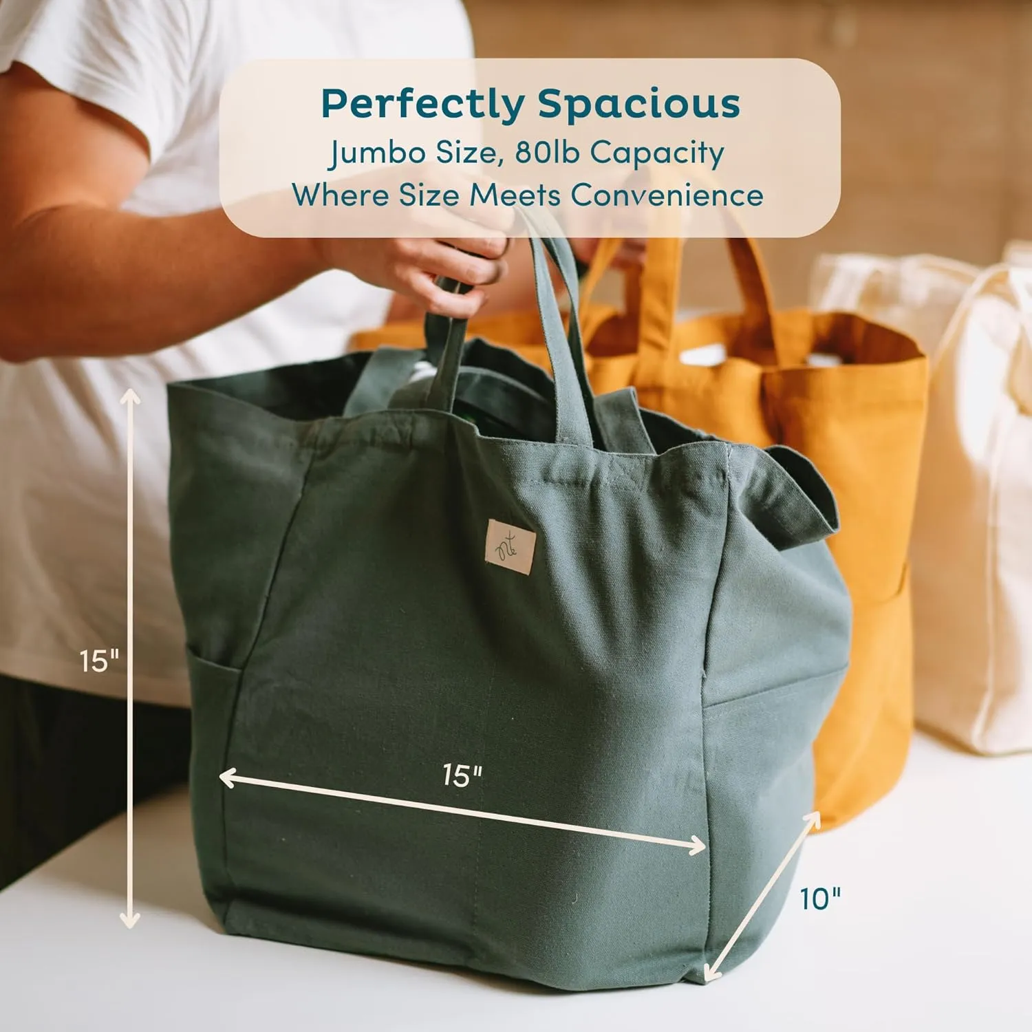 Nook Theory 3 Pcs Reusable Grocery Bags - Heavy Duty Canvas Bags, Large Reusable Shopping Bag, Picnic, 100% Cotton (Khaki)