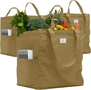 Nook Theory 3 Pcs Reusable Grocery Bags - Heavy Duty Canvas Bags, Large Reusable Shopping Bag, Picnic, 100% Cotton (Khaki)