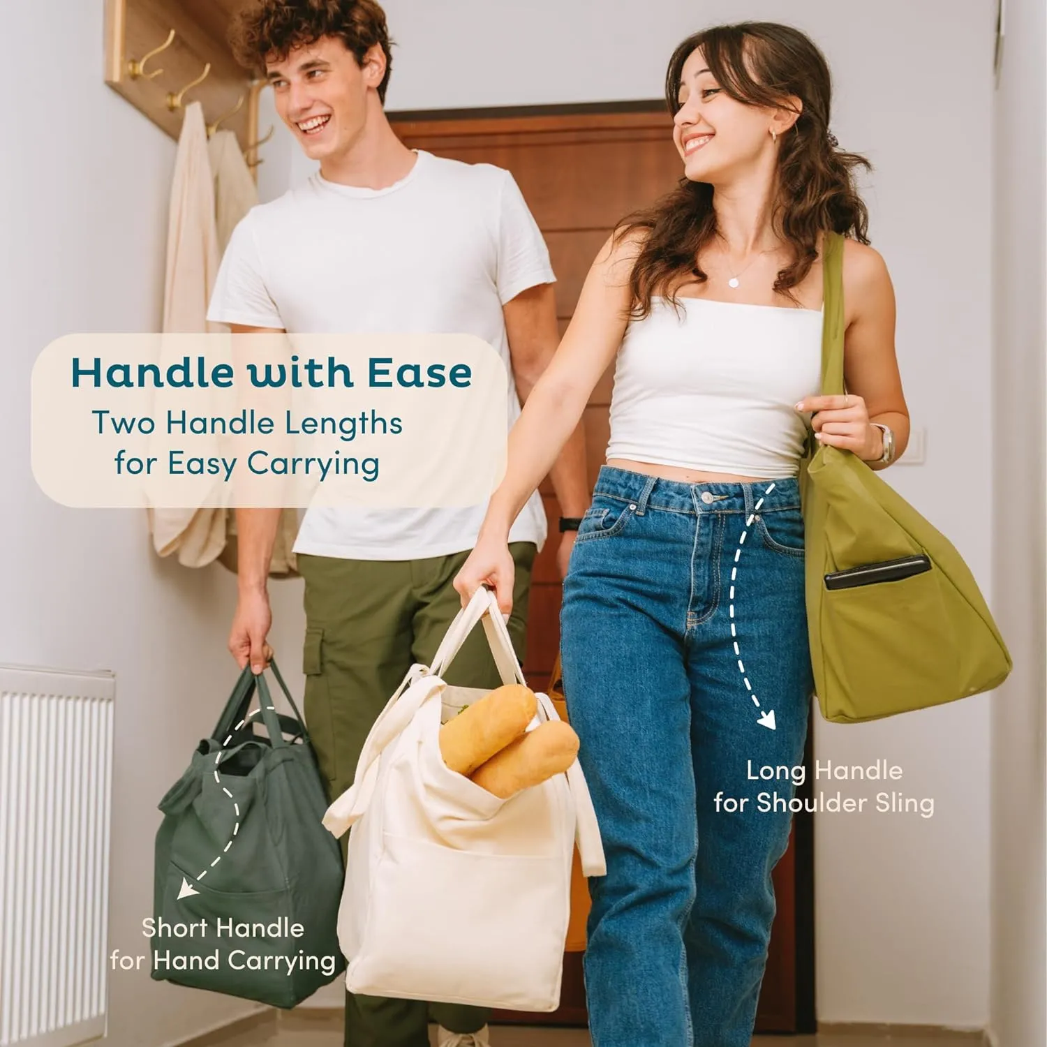 Nook Theory 3 Pcs Reusable Grocery Bags - Heavy Duty Canvas Bags, Large Reusable Shopping Bag, Picnic, 100% Cotton (Khaki)