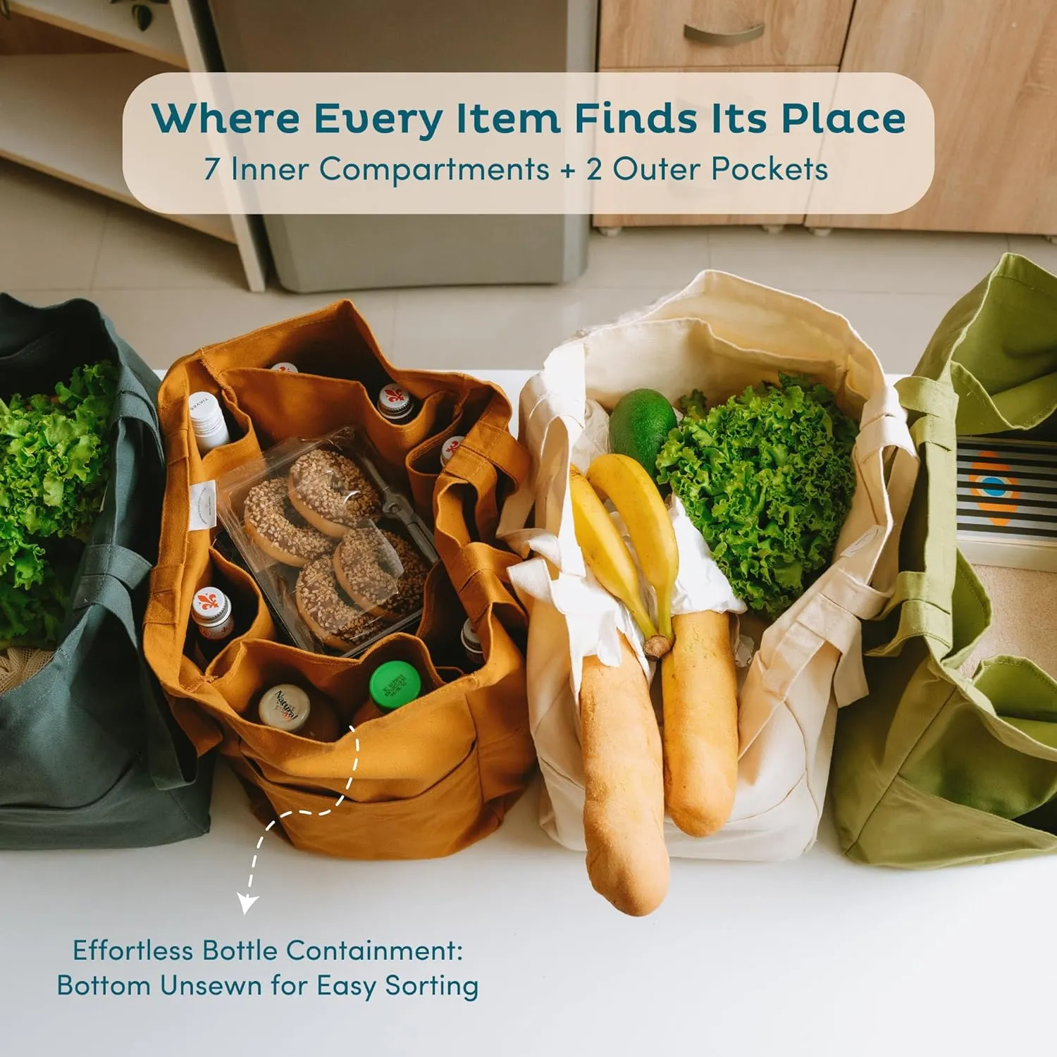 Nook Theory 3 Pcs Reusable Grocery Bags - Heavy Duty Canvas Bags, Large Reusable Shopping Bag, Picnic, 100% Cotton (Khaki)