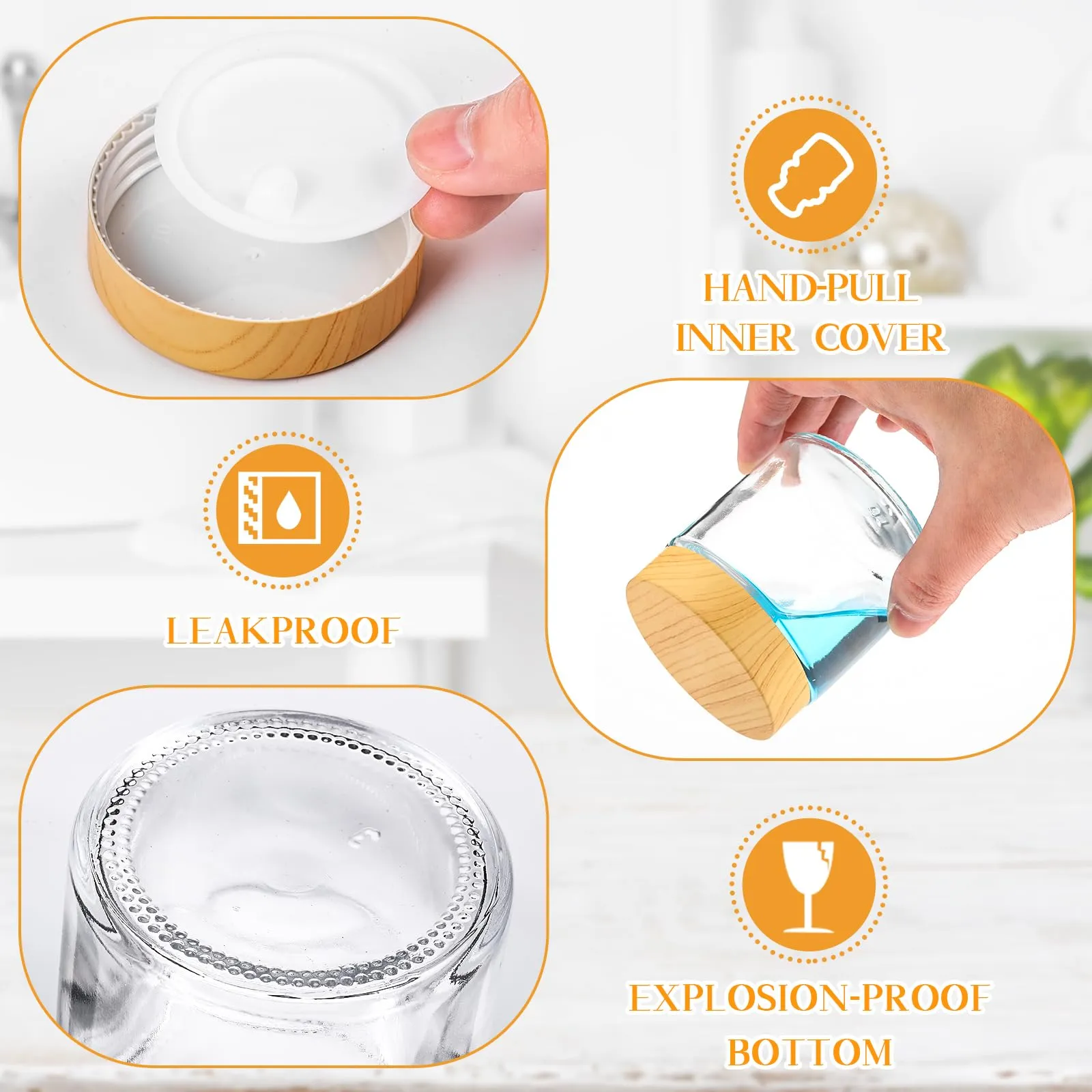 Norme 48 Pcs 4 oz Glass Jars with Lids Empty Small Glass Containers and Inner Liners Reusable Cosmetic Jars Round Airtight Bottles with Plastic Woodgrain Lids for Travel