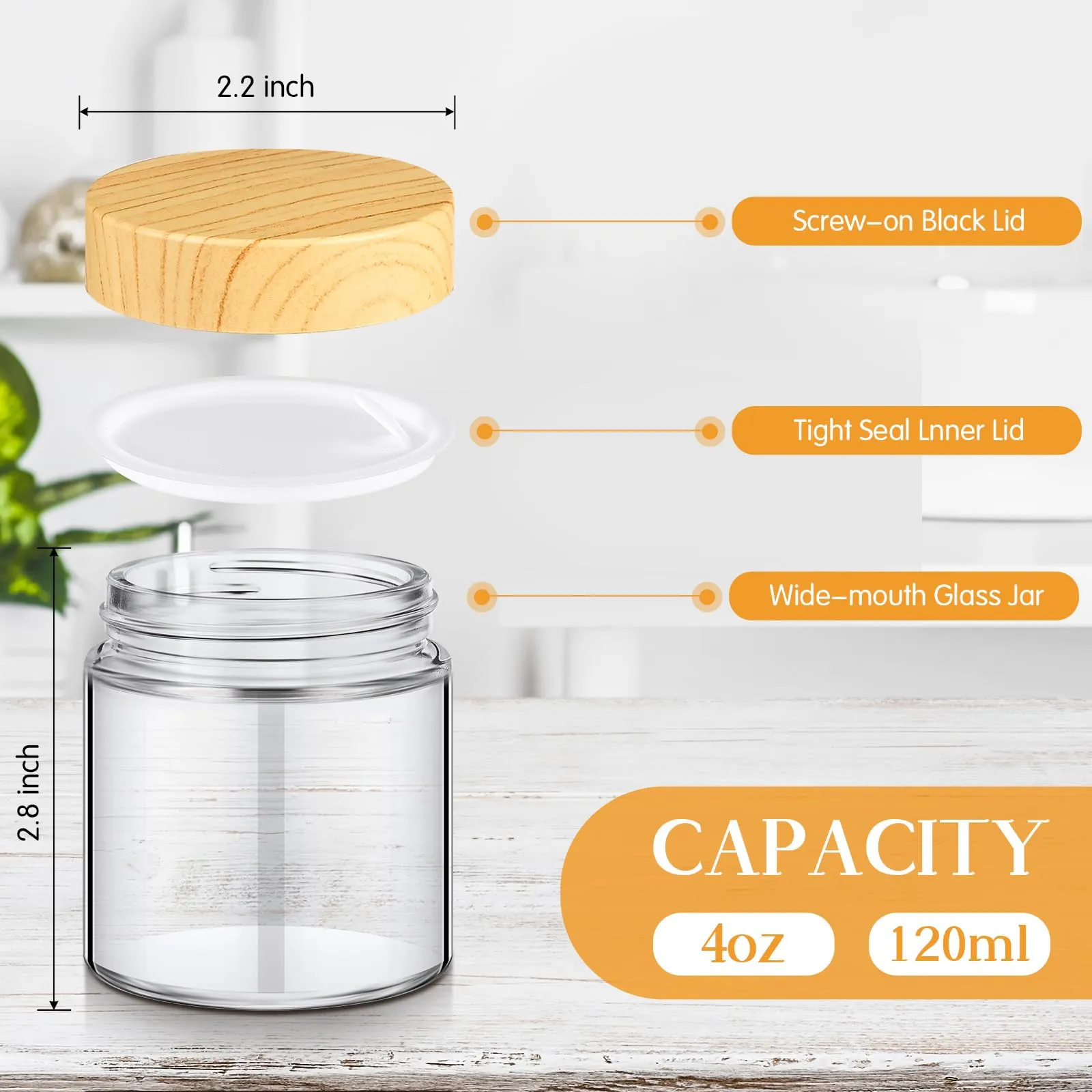 Norme 48 Pcs 4 oz Glass Jars with Lids Empty Small Glass Containers and Inner Liners Reusable Cosmetic Jars Round Airtight Bottles with Plastic Woodgrain Lids for Travel