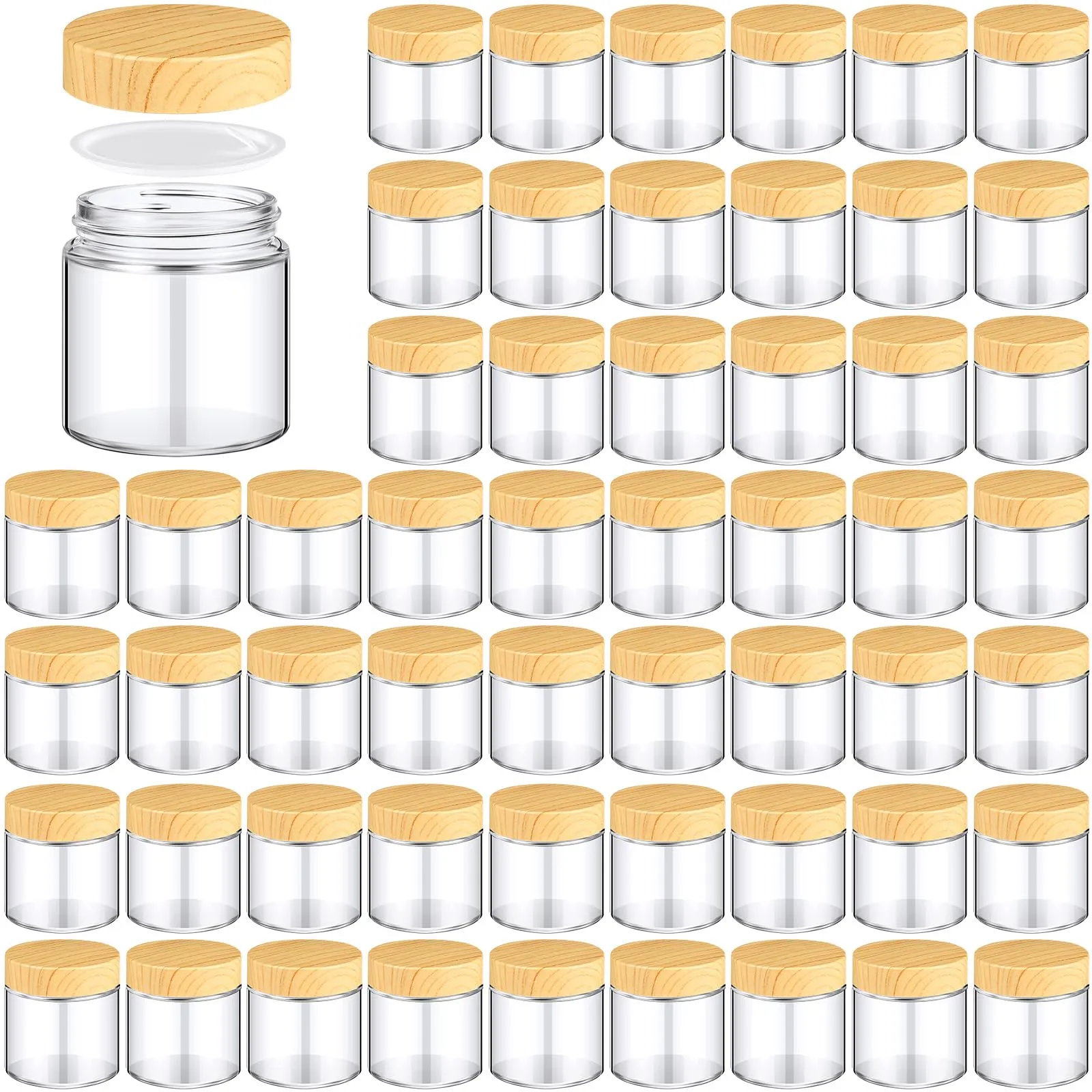 Norme 48 Pcs 4 oz Glass Jars with Lids Empty Small Glass Containers and Inner Liners Reusable Cosmetic Jars Round Airtight Bottles with Plastic Woodgrain Lids for Travel