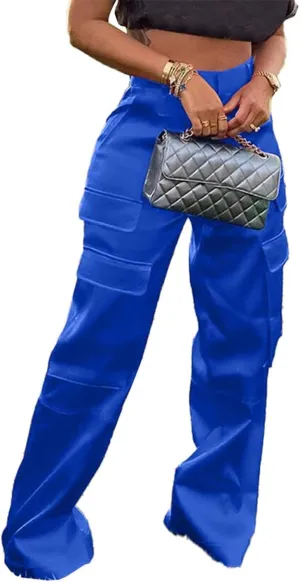 NRTHYE Women High Waisted Satin Cargo Pants Wide Leg Casual Pants Multi Pockets Straight Trousers