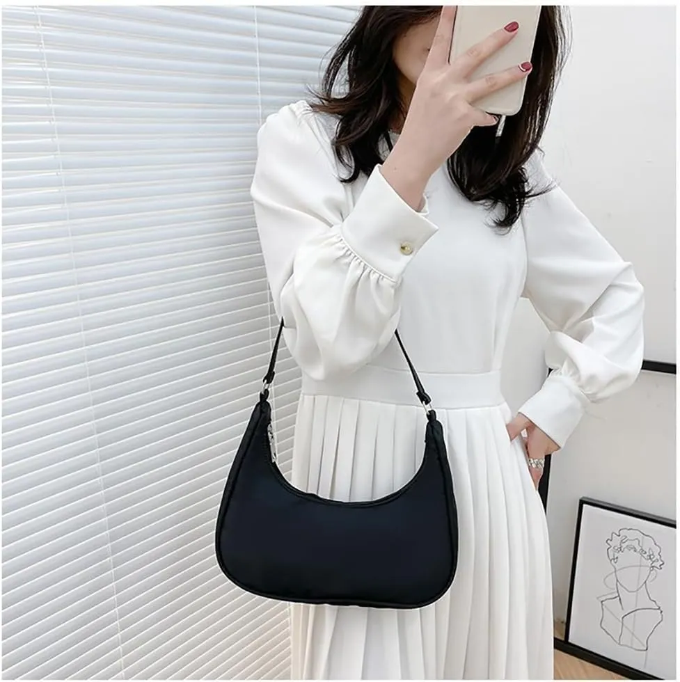 Nylon Black Shoulder Bag Cute Hobo Tote Under The Arm Purse Underarm Bag Crossbody Bag For Women Mini Clutch Purse With Zipper Closure