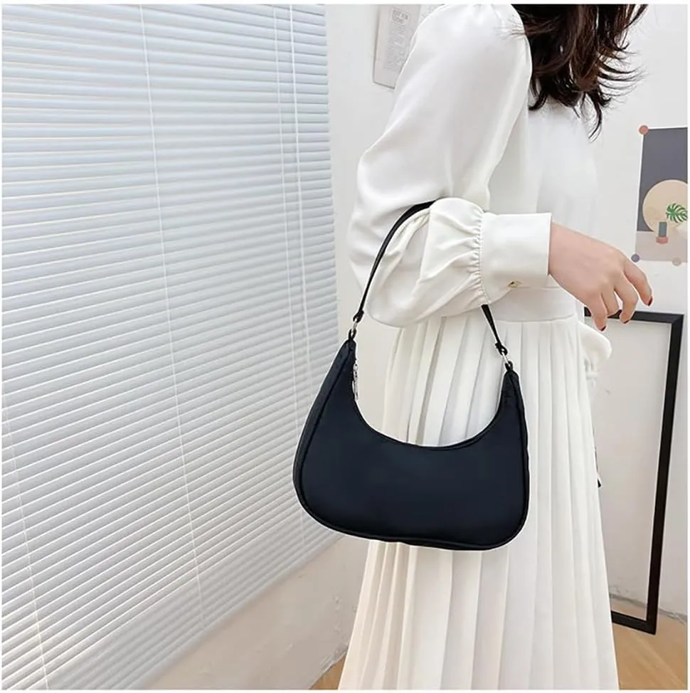 Nylon Black Shoulder Bag Cute Hobo Tote Under The Arm Purse Underarm Bag Crossbody Bag For Women Mini Clutch Purse With Zipper Closure